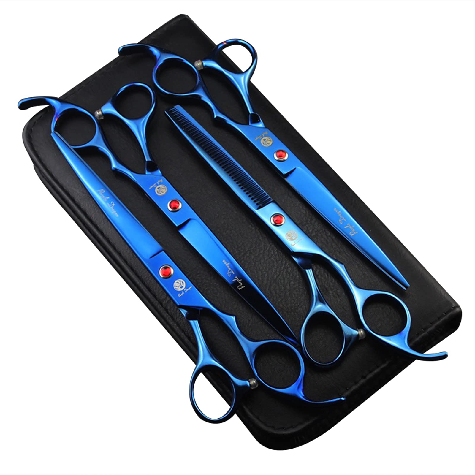 Purple Dragon Pet Scissors Set of 4, Pneumatic Scissors, Curved Scissors, Self-Cutting Scissors, Dog and Cat Beauty Scissors, Japanese Carbon Steel 440c (7.0 inch) Scissors, For Beginners, Storage Box