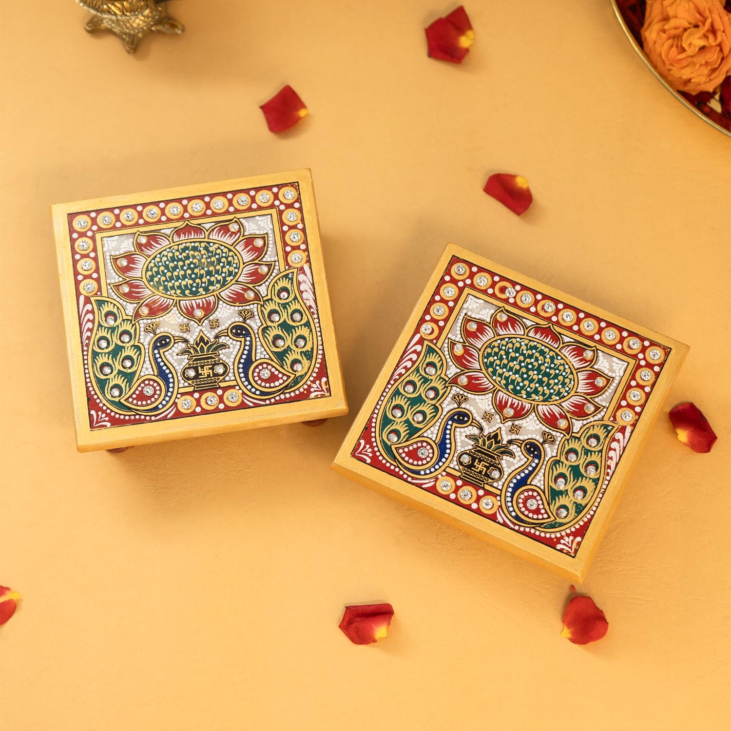Chowki en marbre paon Ekhasa authentique : lot de 2 supports artisanaux pour rituels et puja