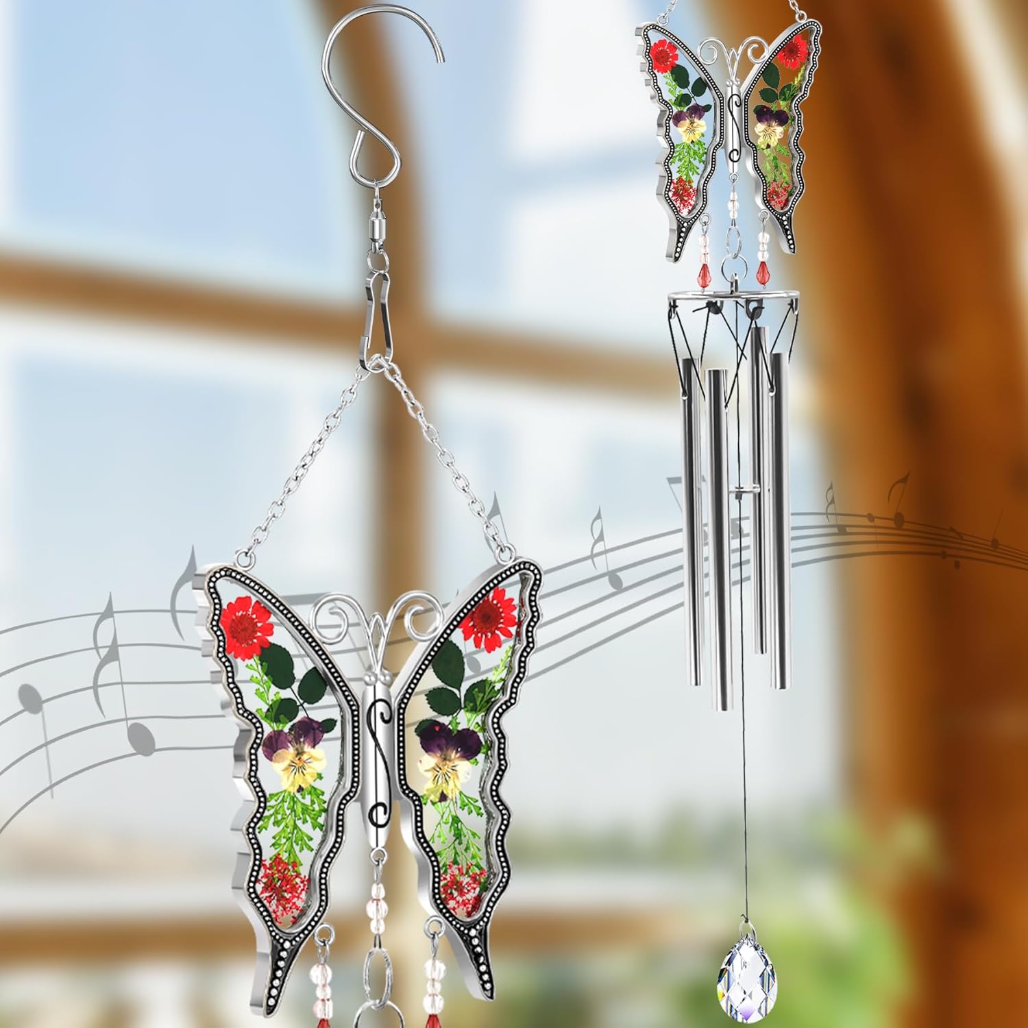 KY&BOSAM Wind Chime Butterfly Stained Glass for Outside Small Sympathy Hanging for Windows Wind Chimes Outdoor Clearance Memorial Wind Chimes with 4 Metal Tubes Decor for Garden Patio Yard Home Gift