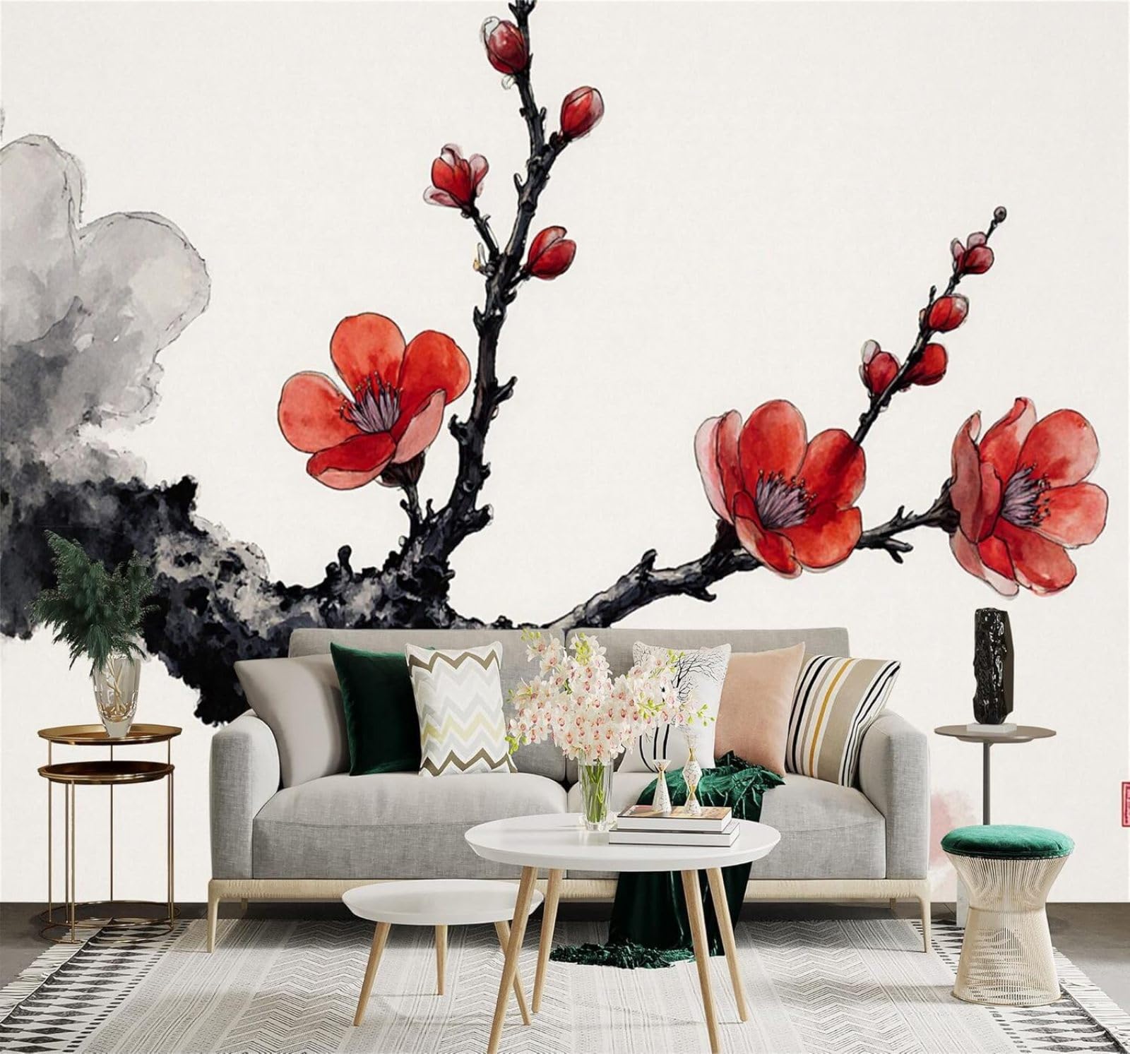 XLMING Hand Painted Red Plum Blossoms Ink Wash Branches Art 3D Wallpaper Silky Texture Home Study Office Grey Dining Room Sofa Bedroom Living Room TV Backdrop-200cm×140cm