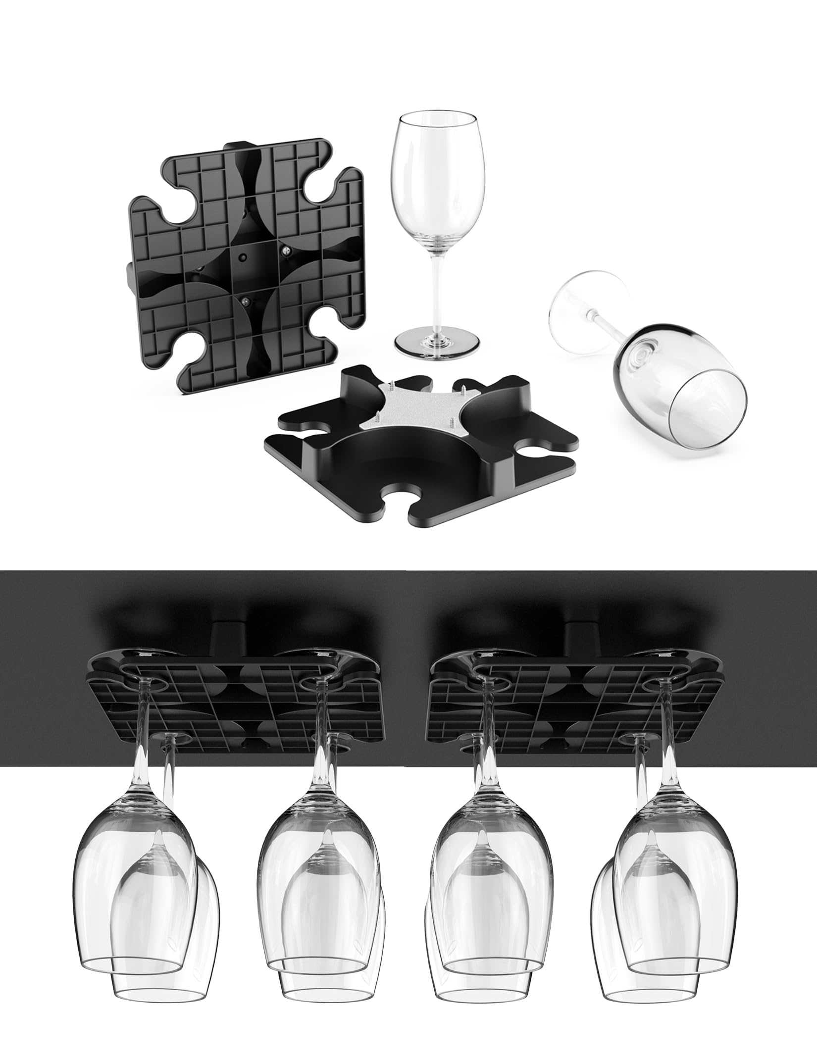 NOTMBESTM Wine Glass Holder Under Cabinet, Wine Glass Rack Fit for Storing wine glasses Under Shelf, Table, Desk, Bar Counter, Stemware Rack Fixed by Screw or Adhesive (Black)