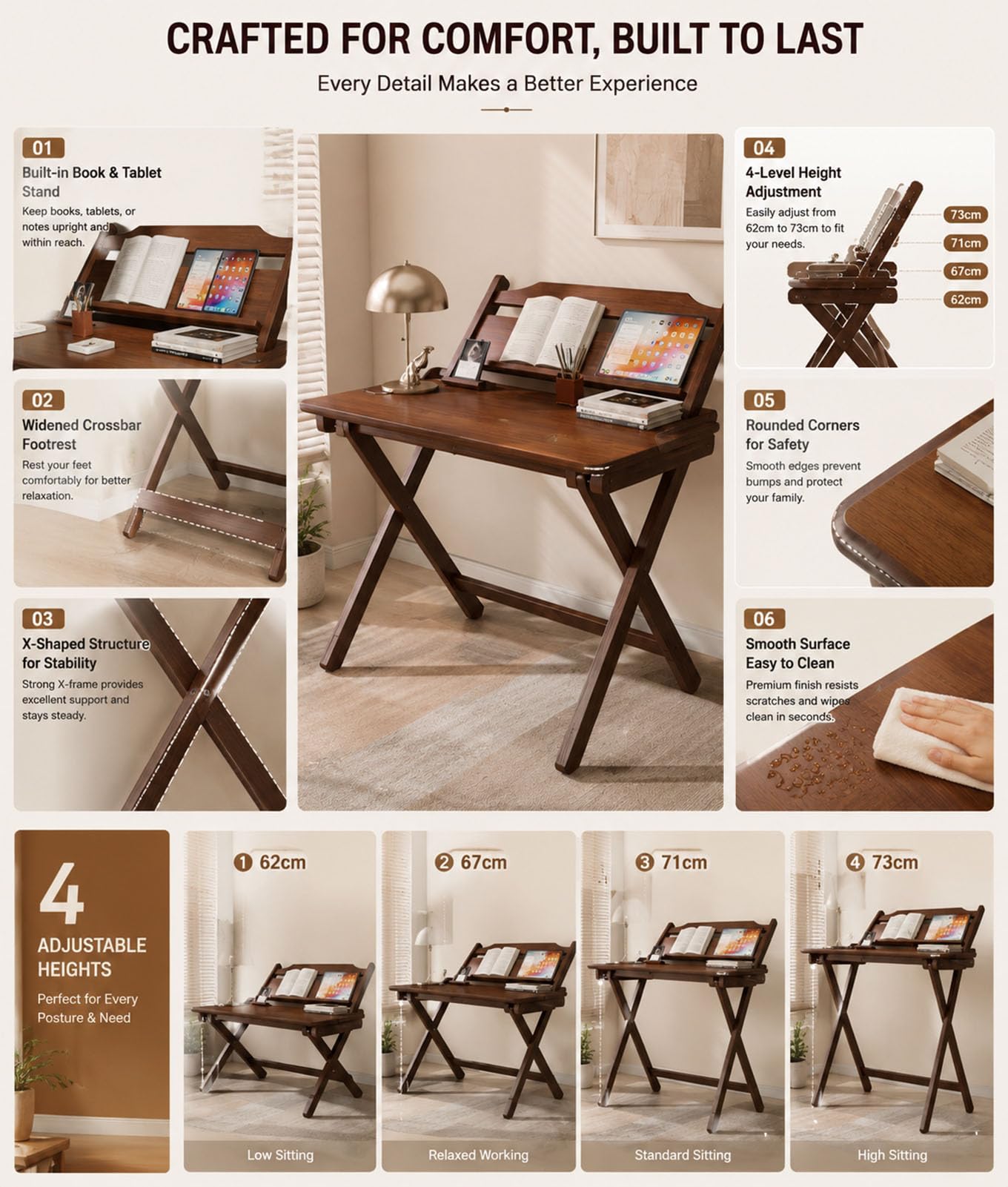 Scrivania Pieghevole 80 cm, Altezza Regolabile con cassetto & ripiano Posteriore, Finitura Noce, scrivania salvaspazio per Camera, Studio e Smart Working,Black 80cm