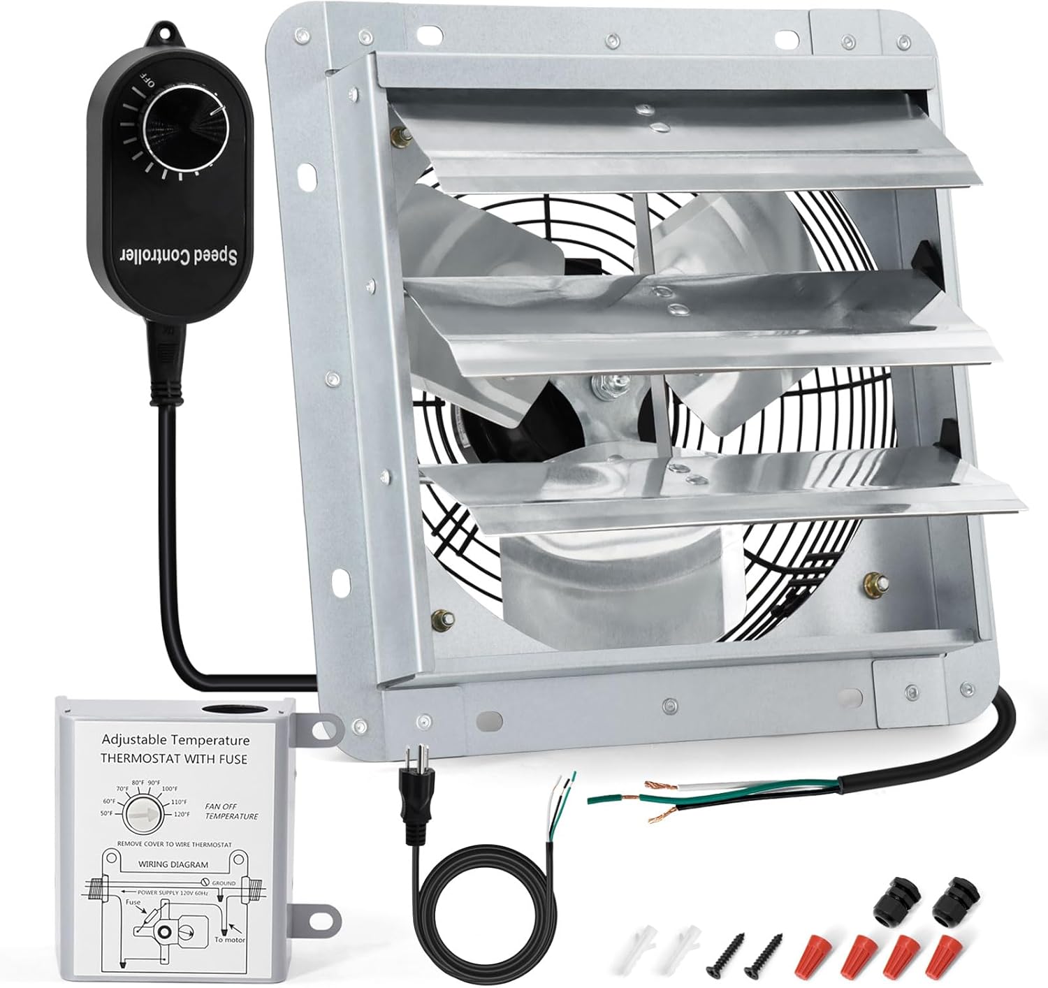 Criditpid 7 Inch Shutter Exhaust Fan, 760 CFM High Speed Wall Mounted Fan, Attic Vent Fan with Speed Controller and Thermostat for Greenhouse, Garage, Warehouse, Basement, Chicken Coop Ventilation