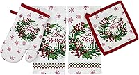 Vista 1 de Paños de Cocina y Agarraderas Navideños - Juego Alegre de Navidad de 4 Piezas 100% Algodón Verde Rojo Blanco - Dos (2) Paños de Cocina, Un (1)