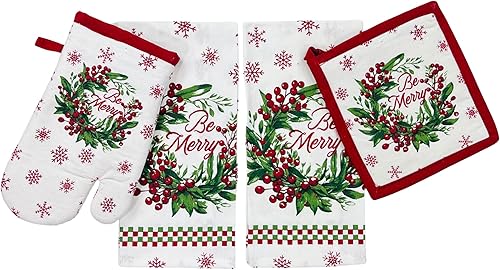Paños de Cocina y Agarraderas Navideños - Juego Alegre de Navidad de 4 Piezas 100% Algodón Verde Rojo Blanco - Dos (2) Paños de Cocina, Un (1)