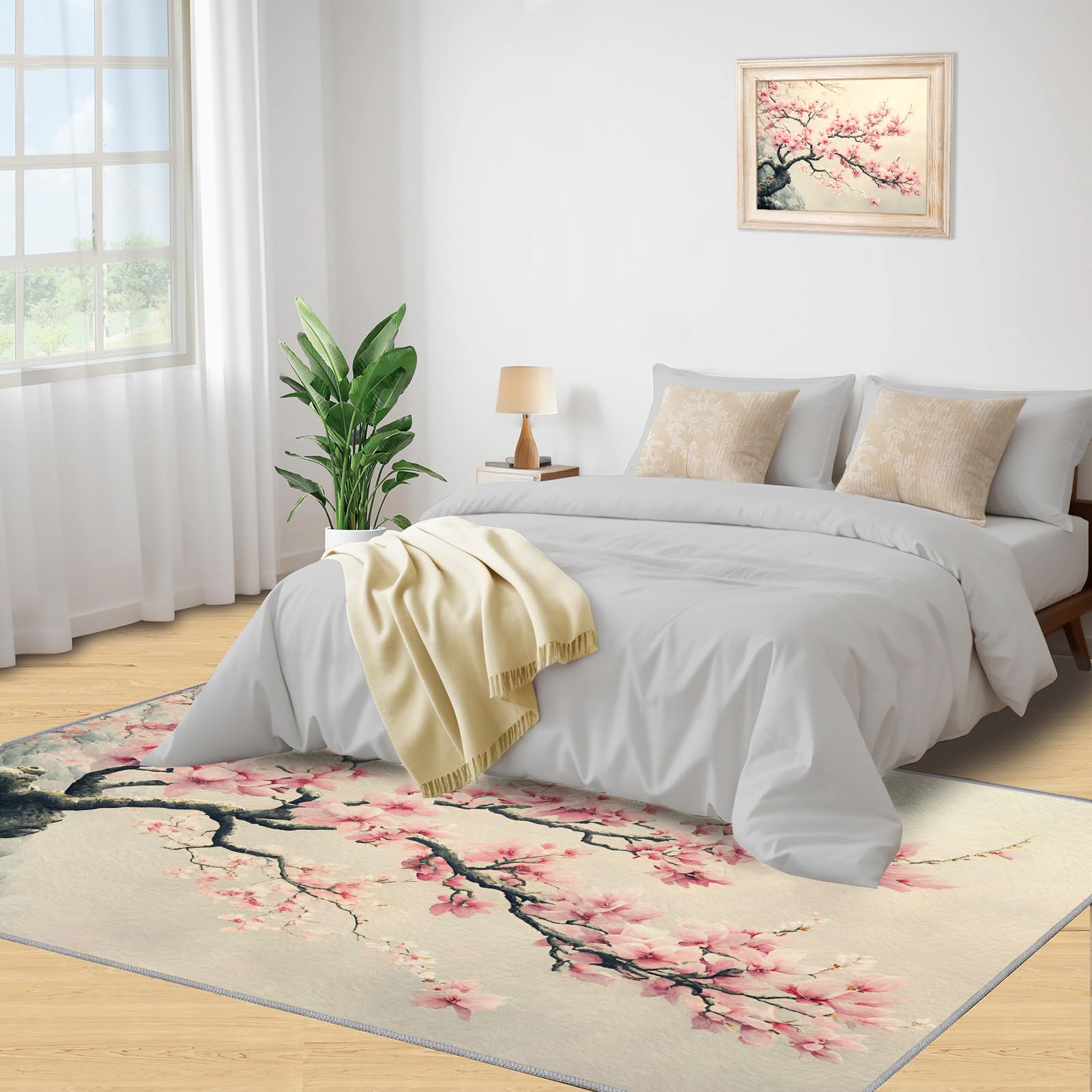 Japanische Teppiche für Schlafzimmer, 90 x 150 cm, Kirschblüten-Design, rutschfest und waschbar, antiker, künstlerischer Innenteppich, weiche Geräuschreduzierung, asiatischer Stil