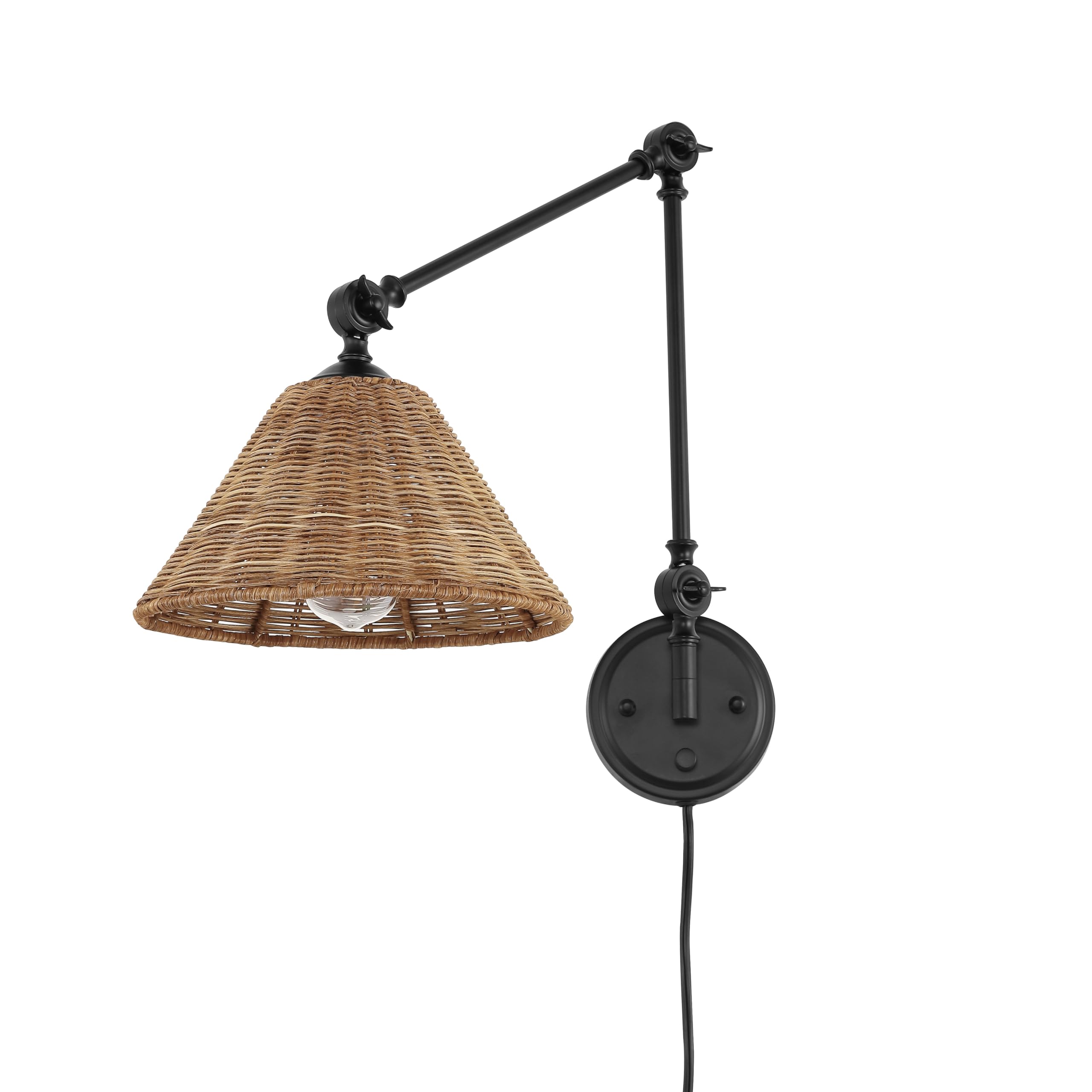 WINGBO Wall Sconce Rattan Wrapped Wall Lamp, Adjustable Swing Arm Wall Light Fixture Vintage Bedside Light Wicker Handmade Shade Brass Reading Light Plug in or Hardwire (Black, 1 Pack)