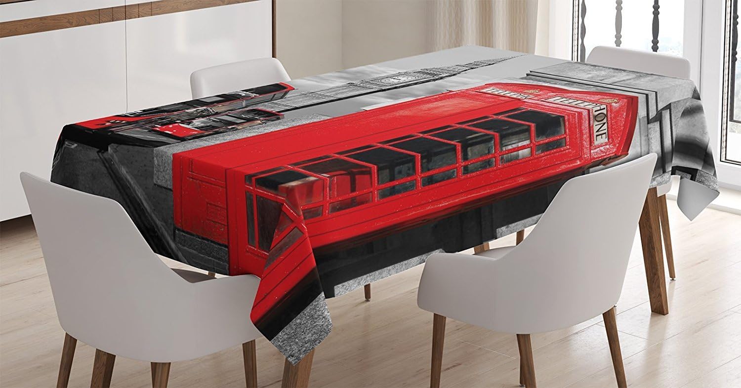 Ambesonne London Tablecloth, London Telephone Booth in The Street Traditional Local Cultural Icon England UK Retro, Dining Room Kitchen Rectangular Table Cover, 52" X 70", Red Grey 52" X 70" Red Grey