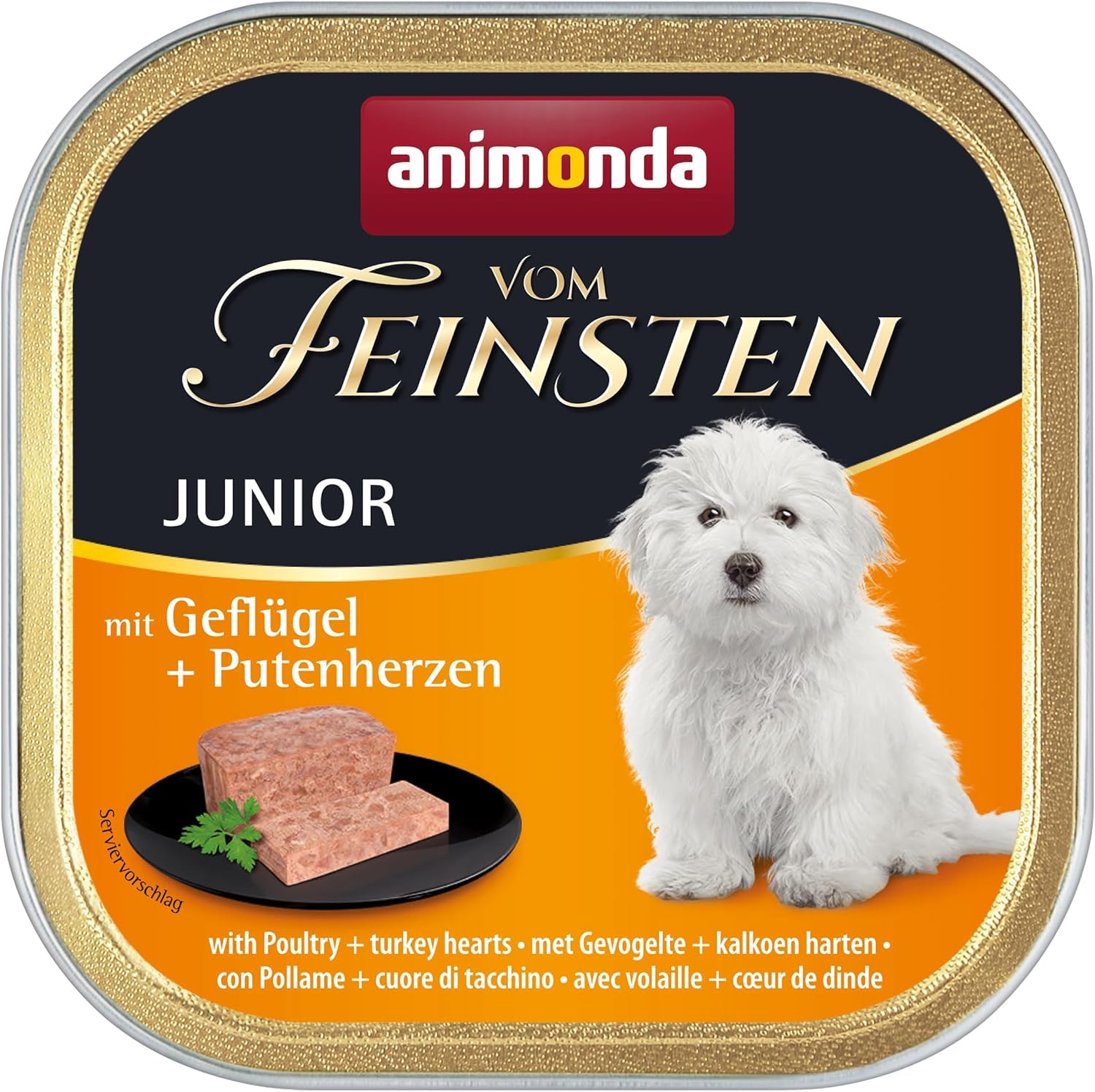 animonda Vom Feinsten Junior Geflügel + Putenherzen (22 x 150 g), Welpenfutter für wachsende Hunde, Nassfutter für Hunde mit fein-stückigen Pasteten, Junior Hundefutter ohne Getreide
