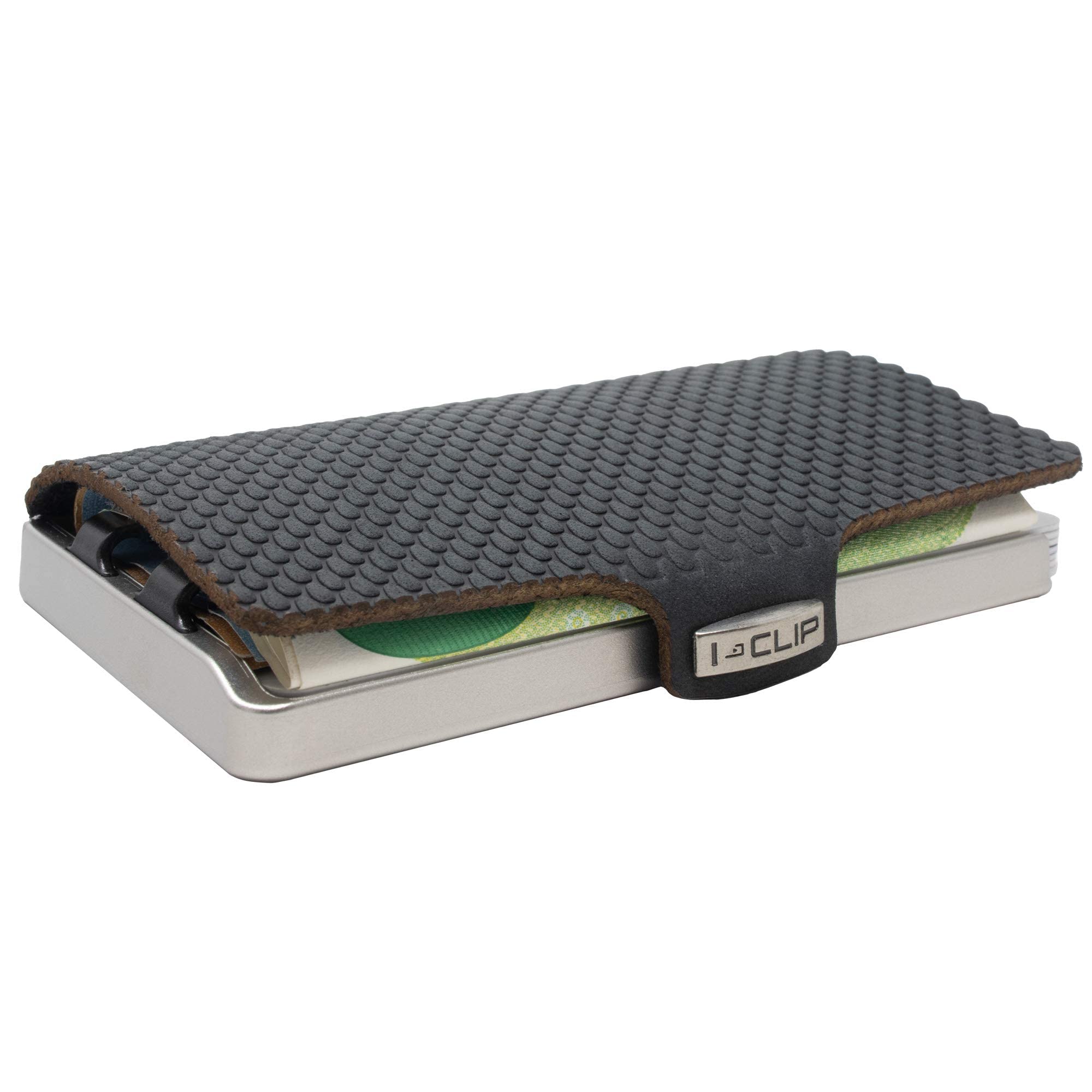 I-CLIP Porte-Monnaie en Acier Inoxydable avec Pince à Billets Interchangeable - Portefeuille Fin - Porte-Monnaie en Cuir - Porte-Cartes en Acier Inoxydable- Milanaise sablé Noir