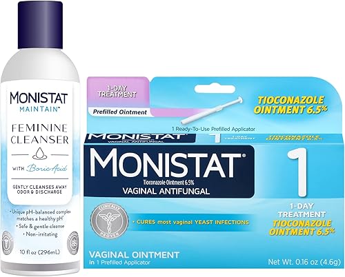 Monistat Tratamiento de infección por levadura de 1 día, prellenado, ungüento de tioconazol, blanco, 0.16 onzas con lavado femenino con ácido