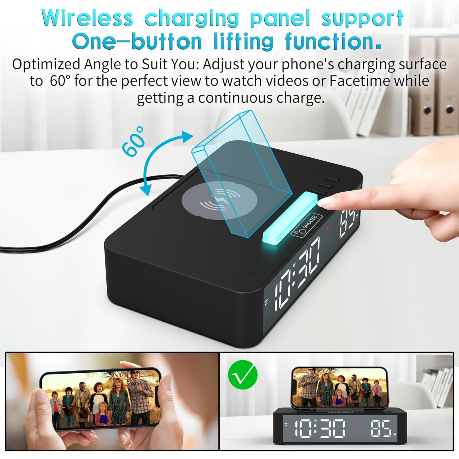 Zegar na Biurko LED z Szybkim Bezprzewodowym ładowaniem Kolorowe światło Nocne Lustrzany Ekran dla IPhone'a Samsung Smartfony z Systemem Home Office Travel Black (Czarny)
