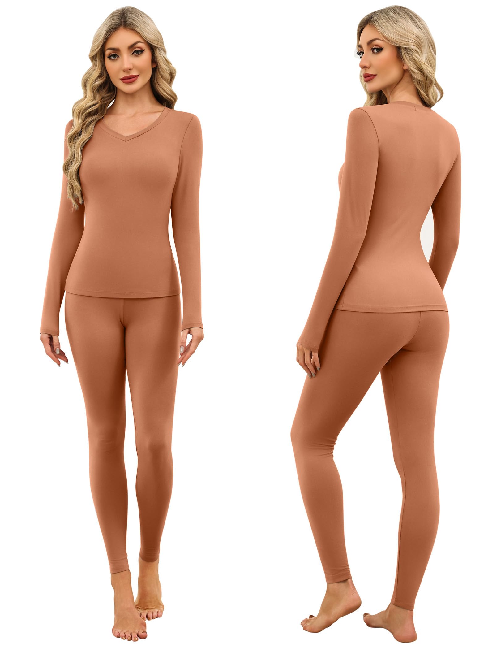 Ekouaer Ropa Interior Térmica Mujer Camiseta Termica Mujer Cuello en V Conjunto Ropa Interior Manga Larga & Pantalon Termico S-XXL