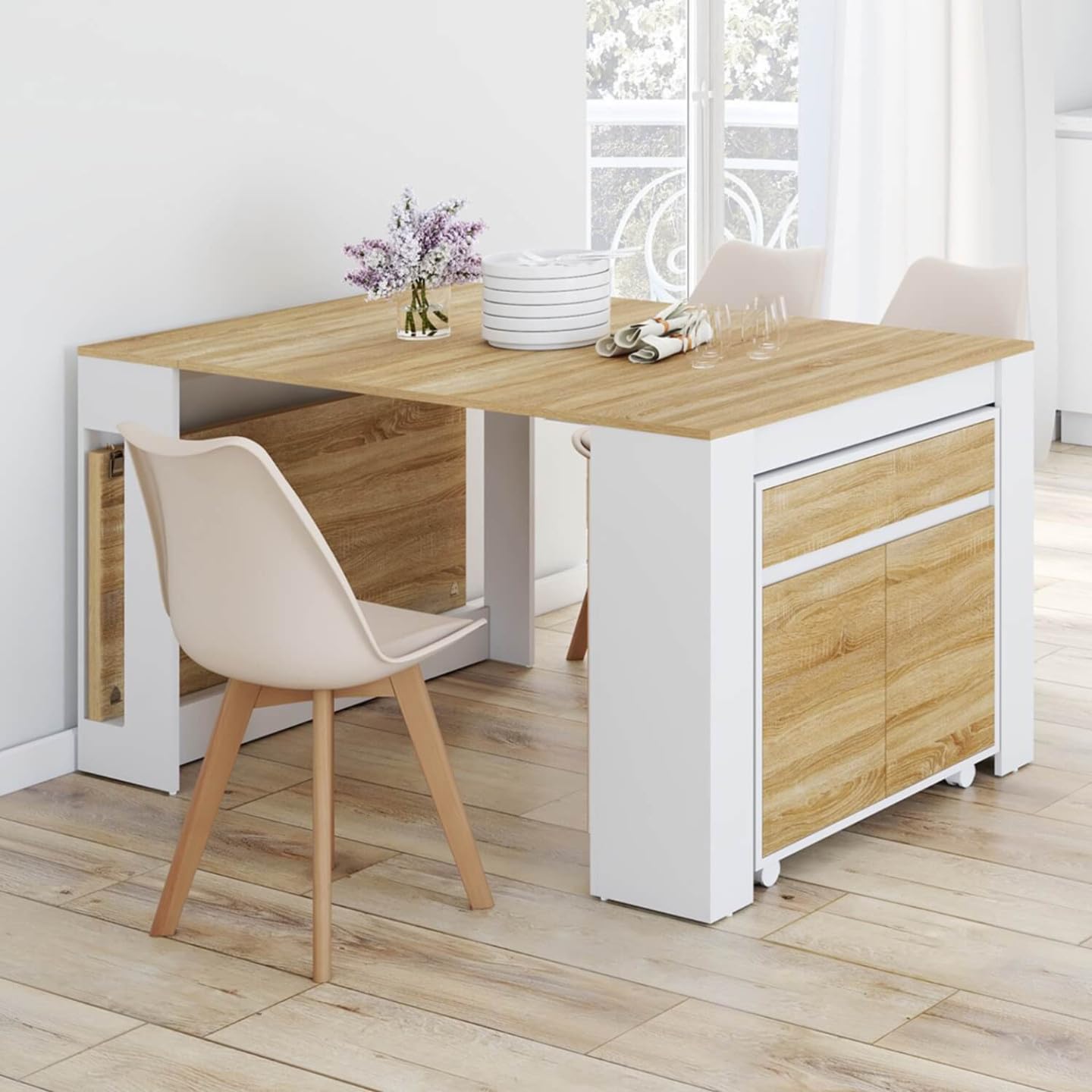 IDMarket Orlando - Mesa de aparador extensible para 14 personas, 285 cm, madera blanca