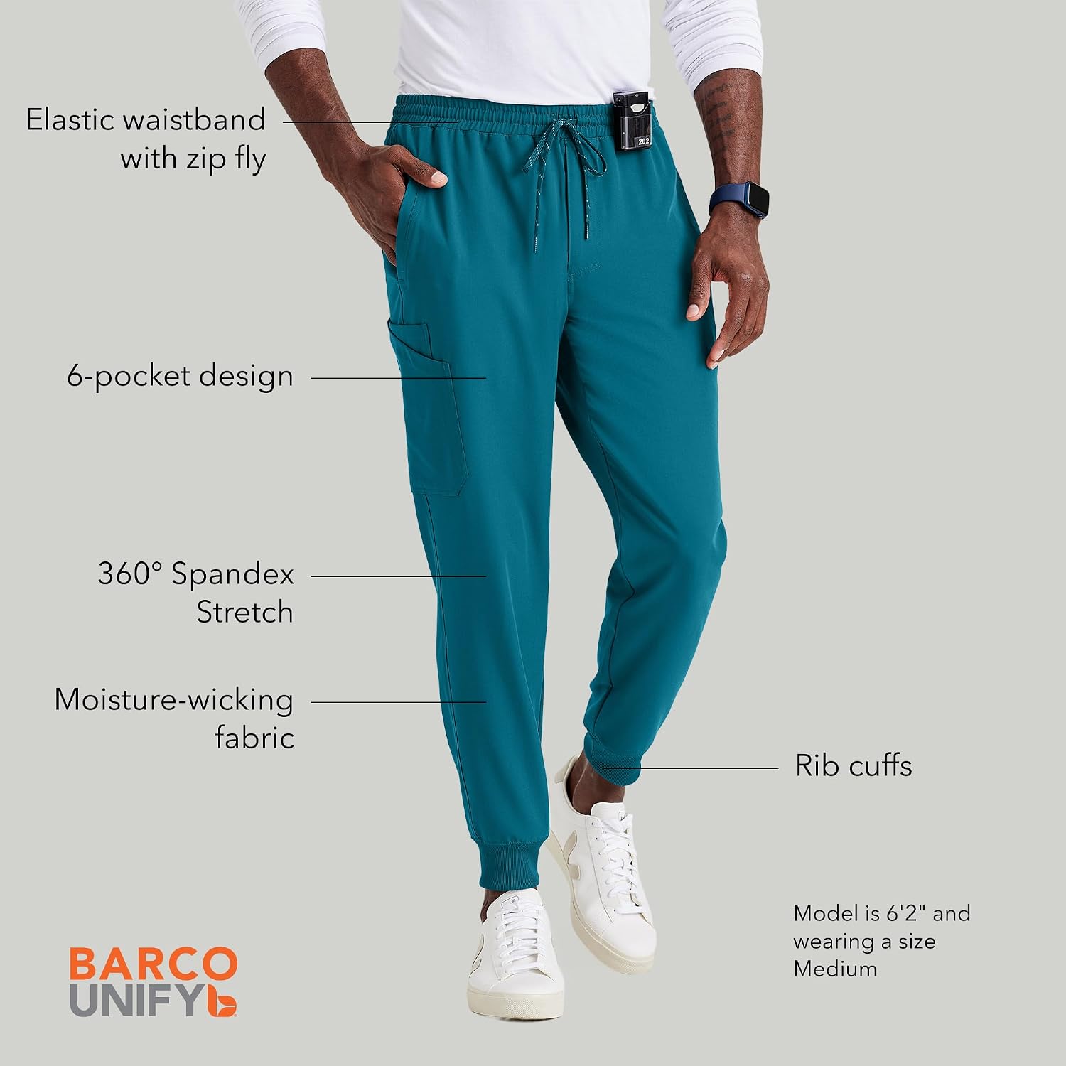 BARCO Unify Rally Scrub Jogger for Men – 6-Pocket Elastic Waist Pants with 360 Spandex Stretch & Moisture Wicking Fabric