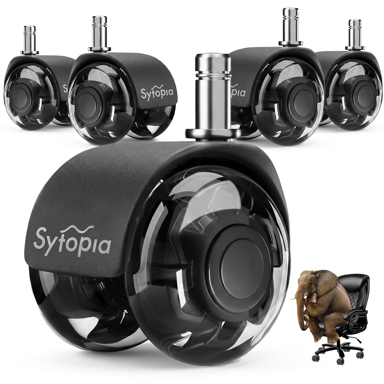 Sytopia Set di 5 ruote per sedie da ufficio, ruote in gomma silenziose perfette per sedie da ufficio, ruote per pavimenti duri, parquet (nero, non per 1KEA)