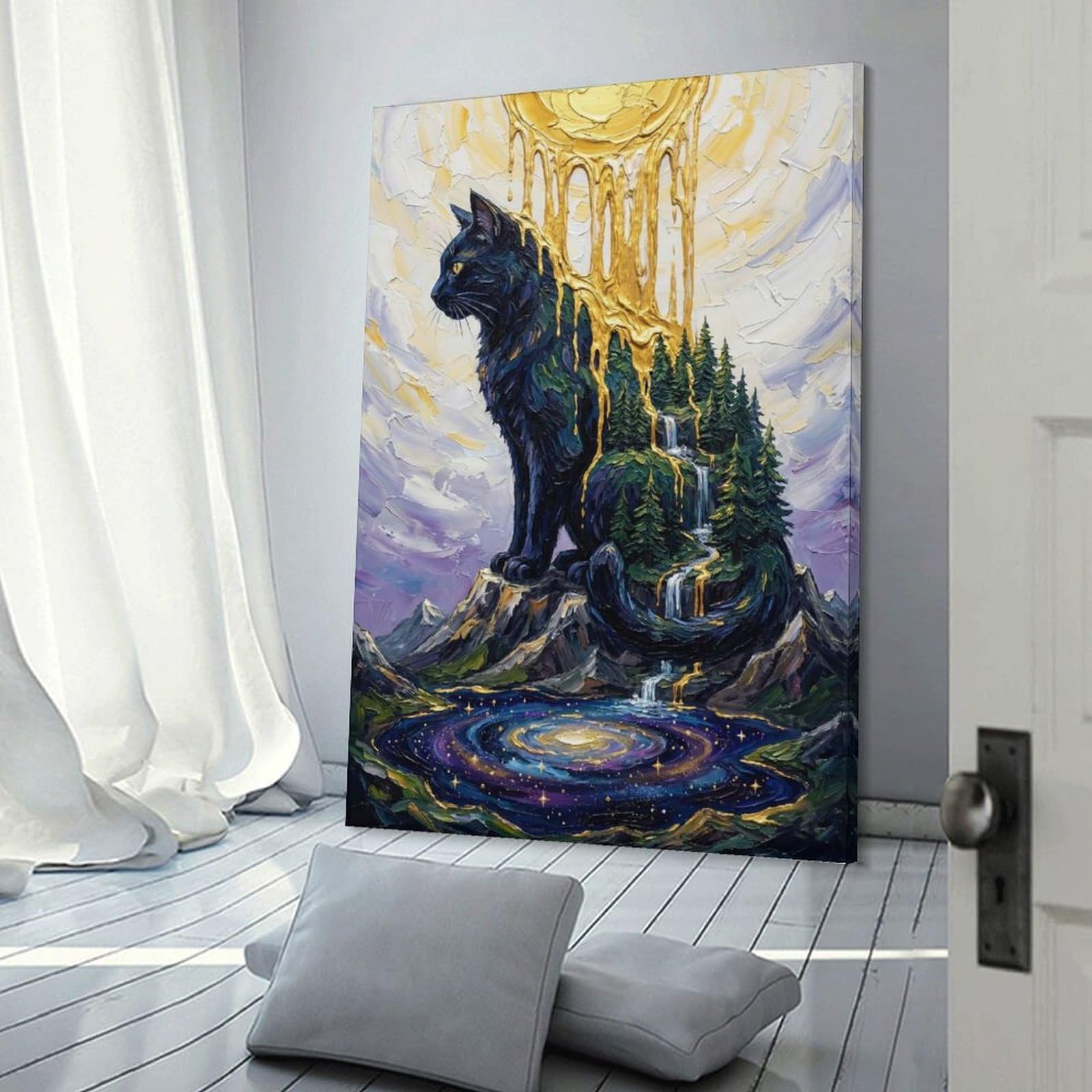 Junmoney Decorative Canvas Print Celestial Cat Mountain Painting, 24x36inch(60x90cm), for Home Office, Desk Area Or Studio, Home Office Artwork with Decorative Appeal