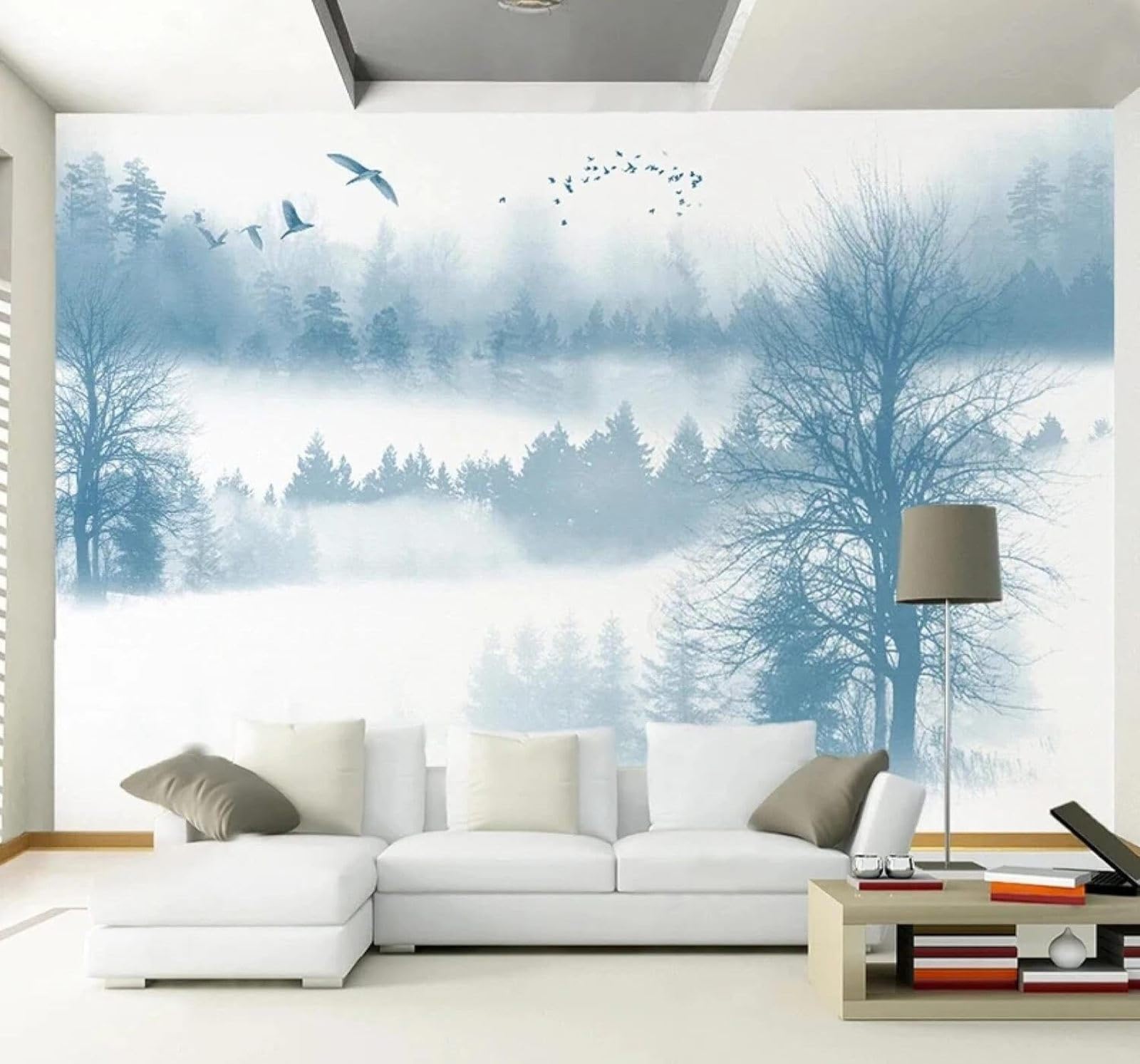 Tzxztt Cartoon Ink Wash Blue Forest Birds Modern 3D Wallpaper Premium Textured Silk Neutral Tones Material Ideal for Living Room Bedroom-250cm×170cm