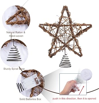 Christmas Tree Topper Farmhouse Christmas Decor Christmas Tree Decorations Rattan Natural Christmas Tree Star with 10 Warm LED Lights for Rustic Christmas Ornaments Holiday Seasonal Decoration 10 Inch