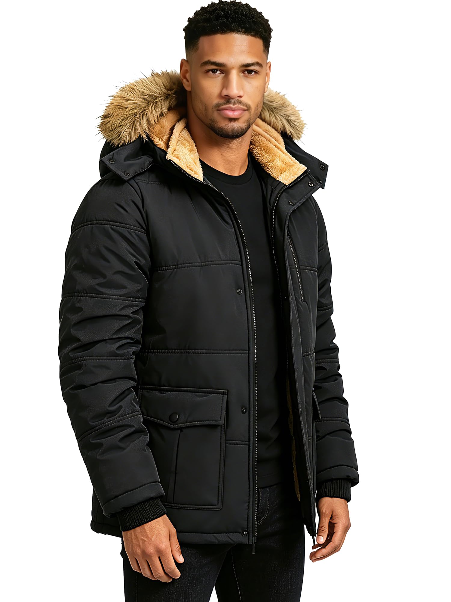 Herren Fleece Winterjacke Übergangsjacke Arbeitsjacke Parka | Gefüttert, Abnehmbare Kapuze, Verstellbare Zugbänder Taille & Saum, Mehrere Praktische Taschen, ohne Überflüssige Lederlabels