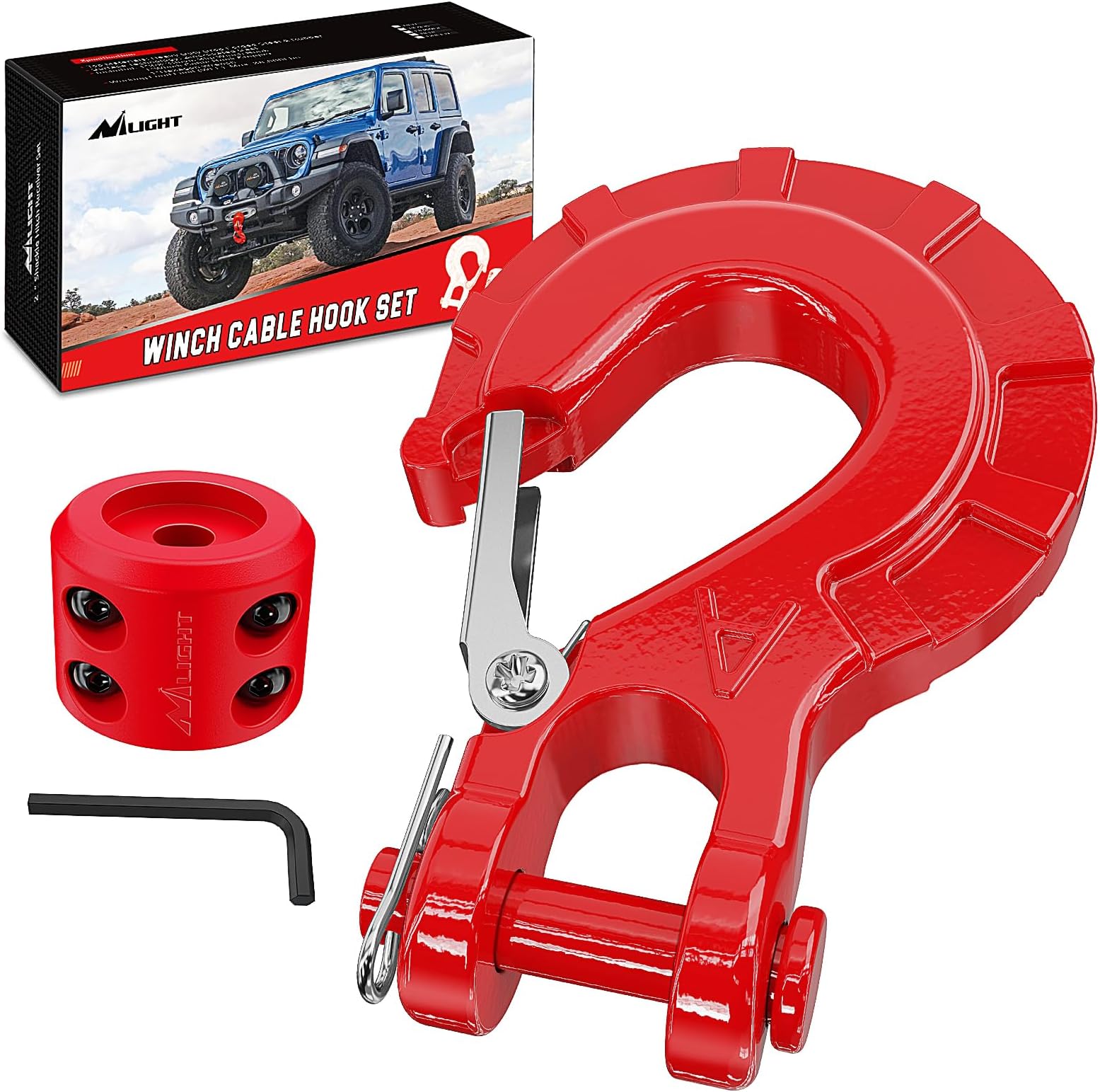 Nilight Forged Steel Winch Hook 3/8" Grade 70 Safety Latch Winch Cable Hook Stopper & Clevis Slip Hook Sets, Included Allen Wrench,Max 35,000 lbs, Red