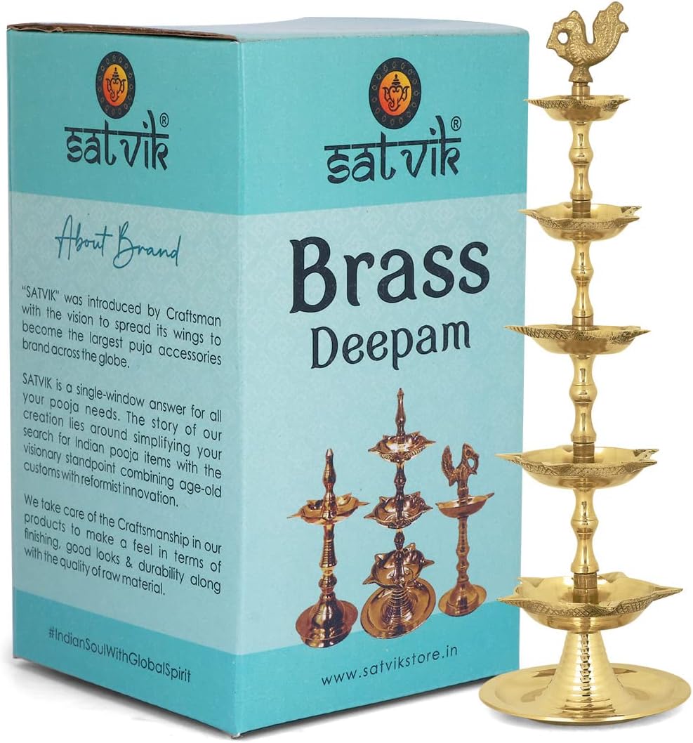 SATVIK 2 Pc Standing Brass Kerala Samai Diwali Deepak for Puja Traditional Panchmahal Pooja Deepam Diya Oil Lamp Kutthu Vilakku Dia 5 in 1 Step Adjustable 11 inch Deepawali Indian Gift Items