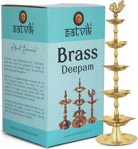 Miniatura 3 de SATVIK - 2 piezas de latón de pie Kerala Samai Diwali Deepak para Puja tradicional Panchmahal Pooja Deepam Diya lámpara de aceite Kutthu Vilakku