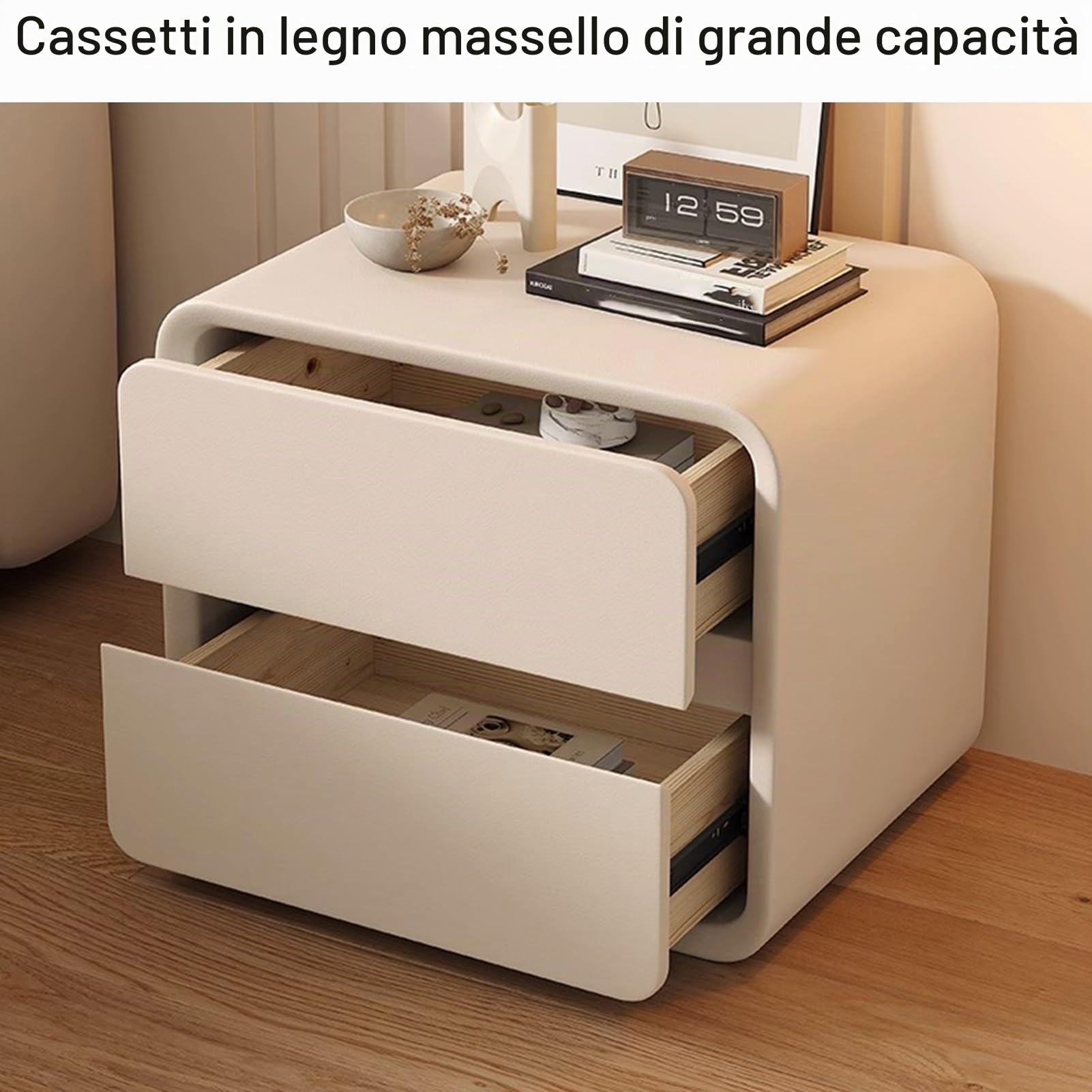 DTREEL Comodino Moderno con 2 Cassetti in Legno Massello e Pelle Microfibra, Tavolino da Camera da Letto/Soggiorno/Dormitorio, Beige, 50 cm/20 in