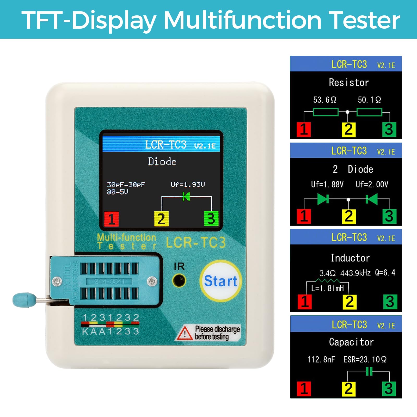 diymore Tester Transistor LCR-T3,Transistor Multifunzione TFT con Funzionamento a un tasto,Display Grafico,Spegnimento Automatico per Diodi Triodici,Resistore,Transistor ESR NPN PNP MOSFET