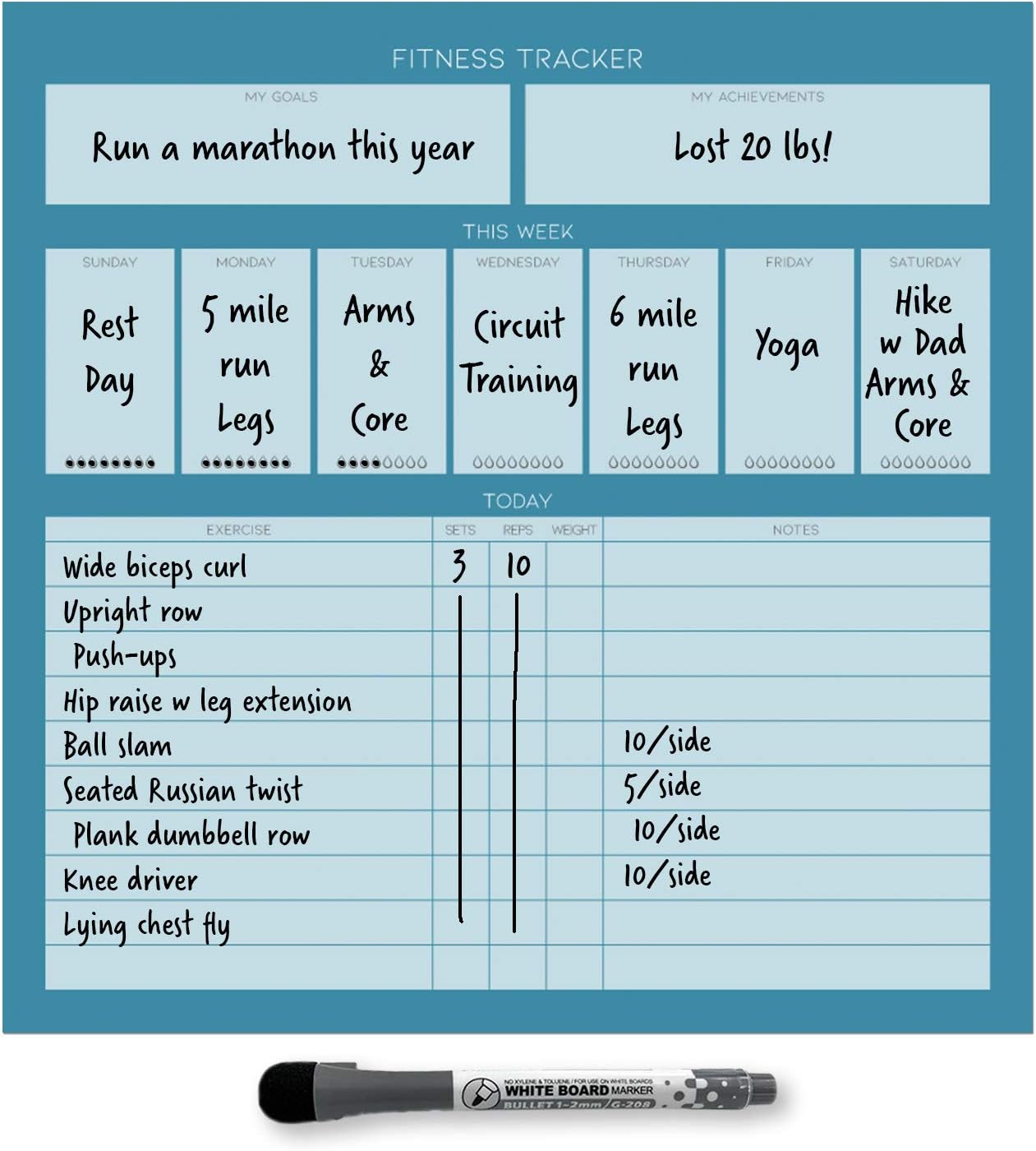 Dry Erase Whiteboard Fitness Tracker Removeable and