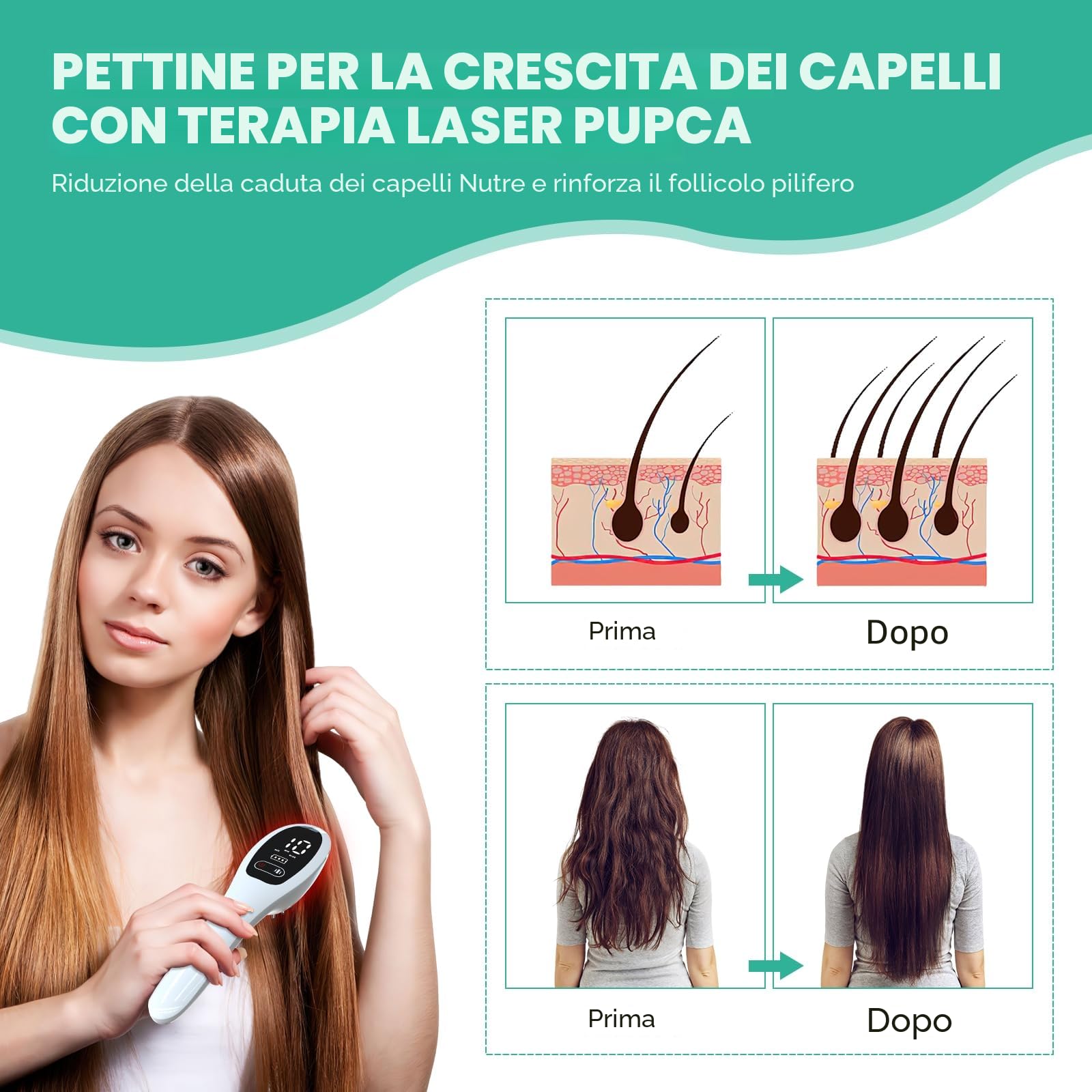 Pettine laser per la crescita dei capelli con luce rossa e blu per la perdita dei capelli, cura dei capelli e attivazione dei follicoli, pettine anti-caduta dei capelli per uomini e donne