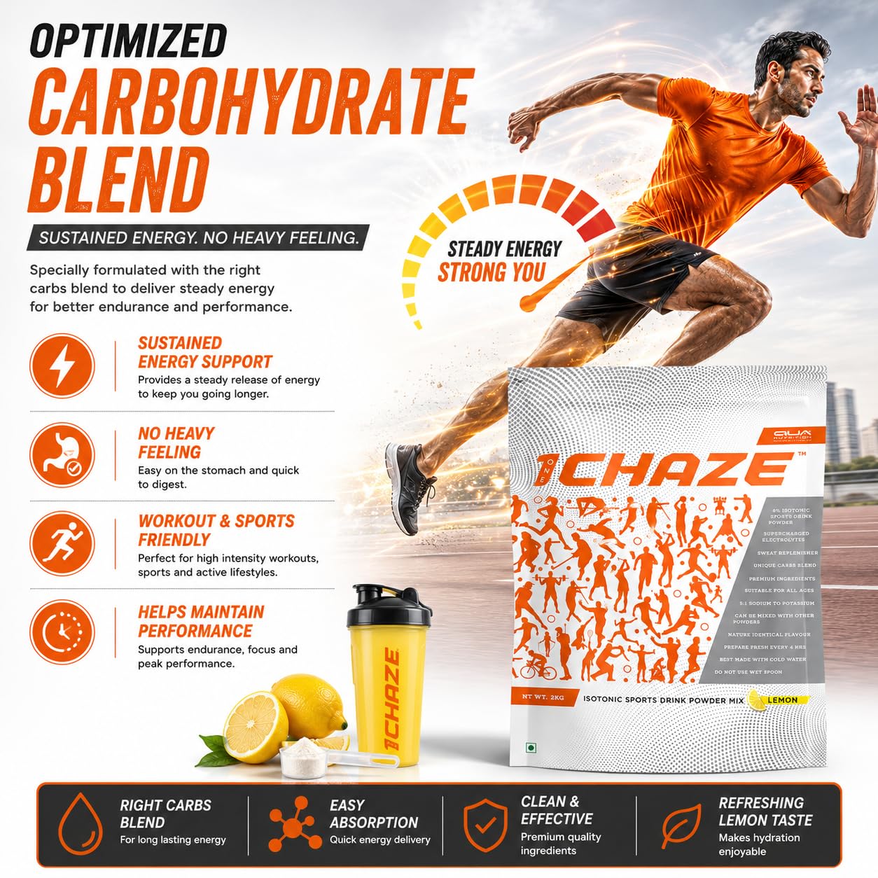 QUA Nutrition1CHAZE Isotonic Sports Drink Powder 2kg | 6% Isotonic Hydration Energy Drink | Pre & Post Workout Nutrition Drink for Men and Women | Multi-Vitamin Electrolytes | Restores Hydration & Energy — Amazon image 5