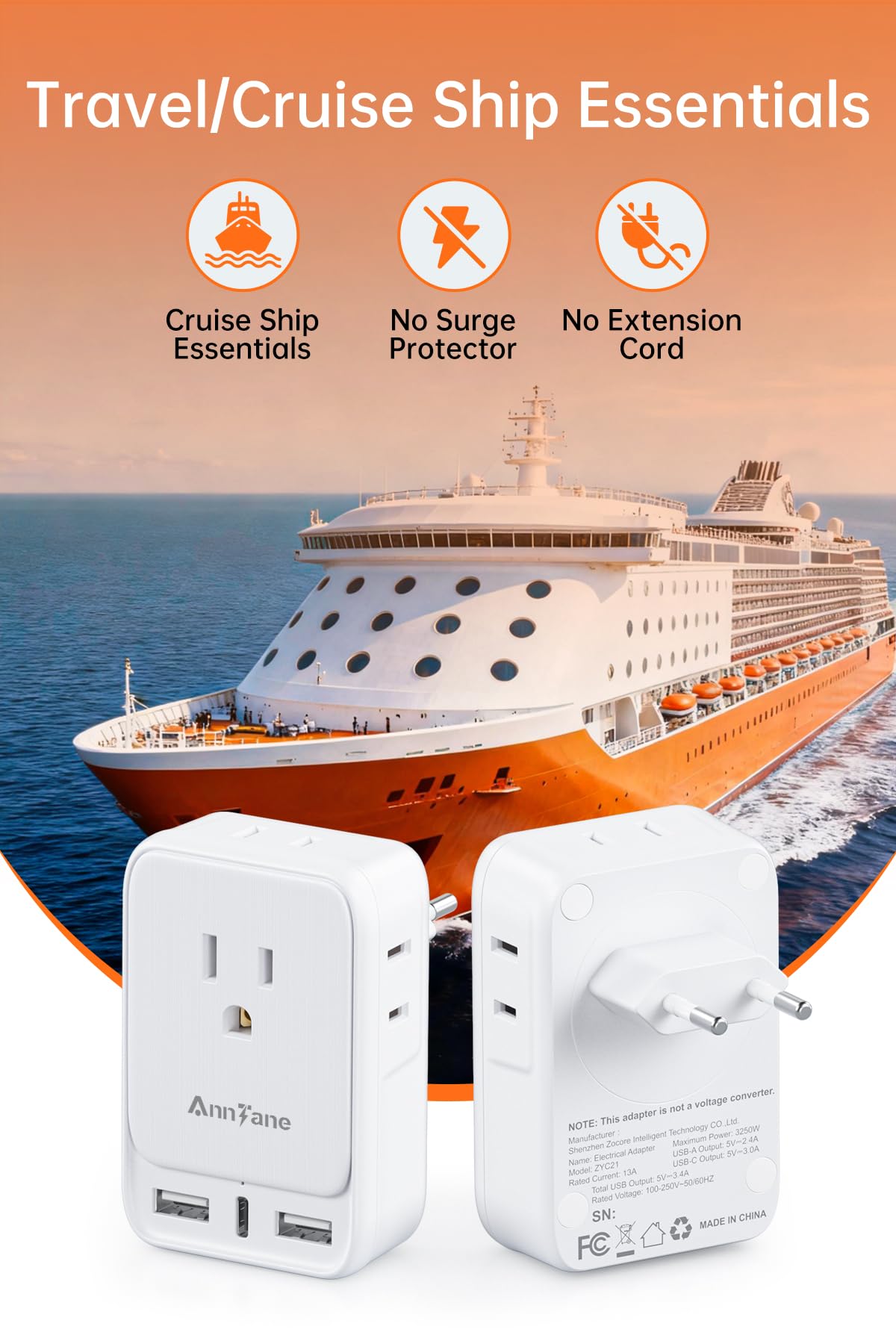 AnnTane Adattatore europeo con USB C, adattatore da viaggio universale con 4 adattatori di alimentazione e 3 USB, Travel Essentials Adapter Americano/Messico in Italia, Germania, bianco (confezione da