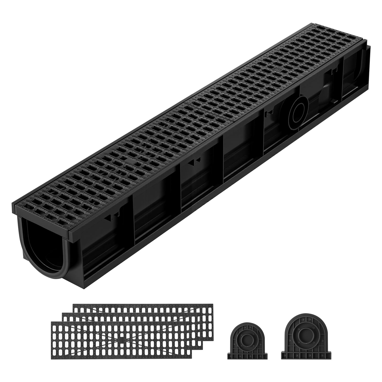 VEVOR Caniveau de Drainage Linéaire Extérieur 1020x154x140 mm Lot de 6 PEHD, Caniveau avec Grilles et Embouts, Système de Drainage pour Allée, Terrasse, Piscine, Cour, Jardin, Garage et Trottoir, Noir