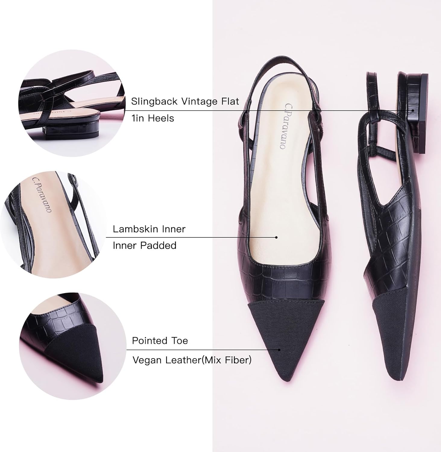 C.Paravano Women's Pointed Toe Slingback Flats | Comfort Heeled Sandals | Slip-On Flats | Perfect for Casual, Business, Party, Date