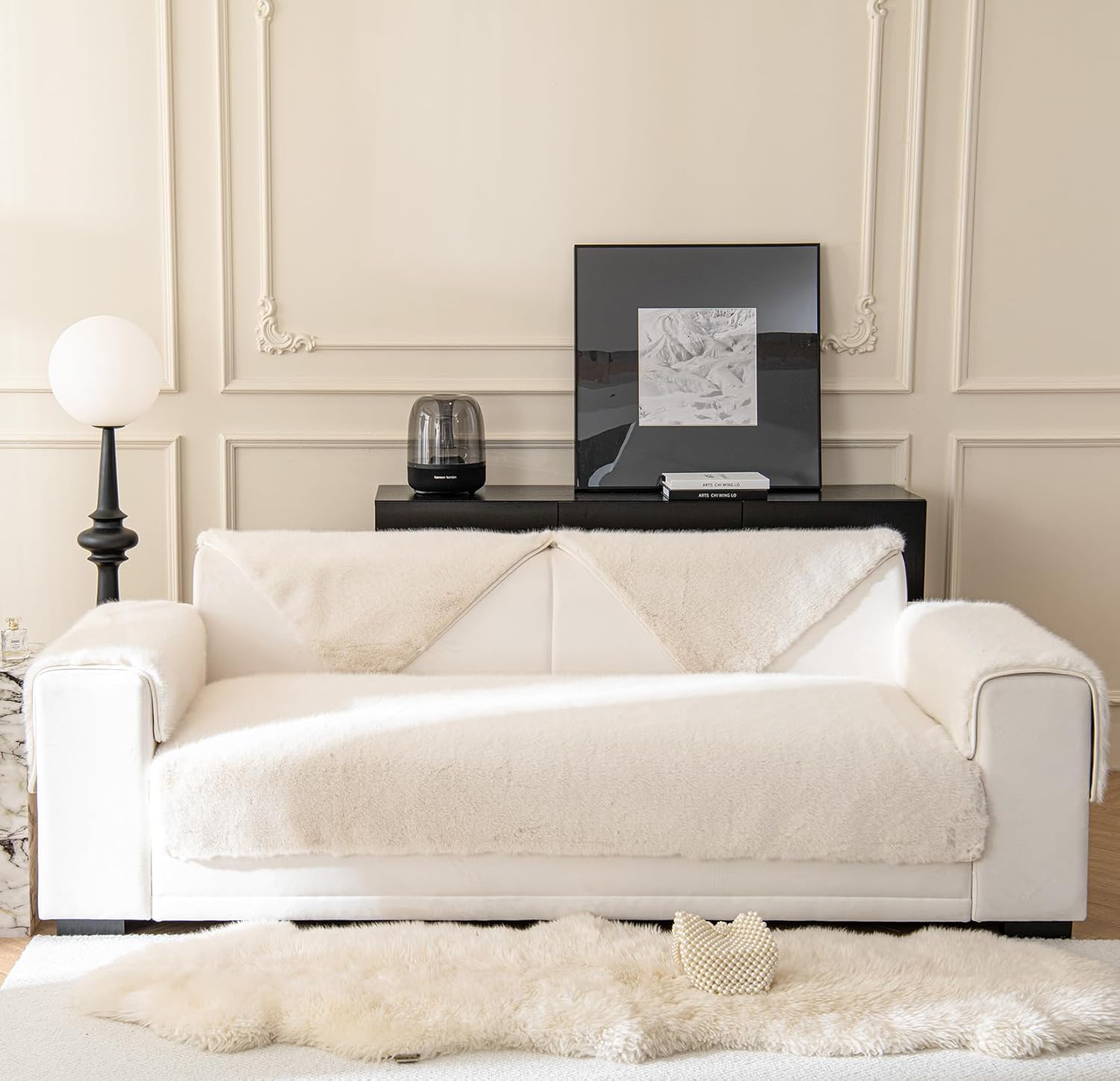 EFELIM Faux Rabbit Fur Couch Cover for L Shape Sofa Cover, Fluffy Plush 1 2 3 Seat Sectional Sofa Slipcover Non Slip Furniture Protector for Kids Dogs Pet (Cream,35"x94"/Only 1 Piece)