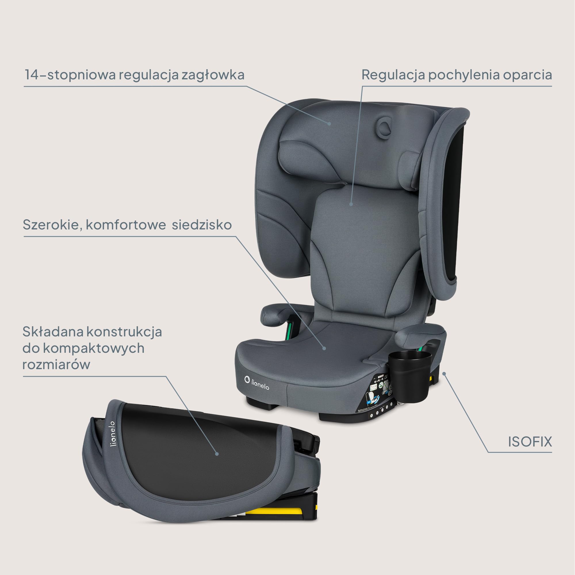LIONELO Bezpieczny Składany Fotelik Samochodowy I-Size R129 Z ISOFIX Podróżny z Torbą Transportową i Uchwyt Na Kubek 14-Stopniowa Regulacja Zagłówka Regulowane Oparcie dla Dzieci 100–150 Cm 3–12 lat | Od 3,5 do 12 lat, 4 pozycje leżenia, 14-stopniowy zagł