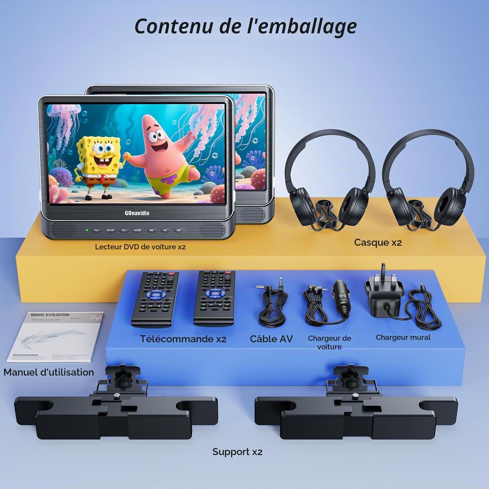 GOnavidio Double lecteur DVD de voiture avec entrée HDMI, écran TV de voiture avec écouteurs, supports de montage, support de synchronisation TV/téléphone, carte USB/TF, MP4/MKV, lecture de films