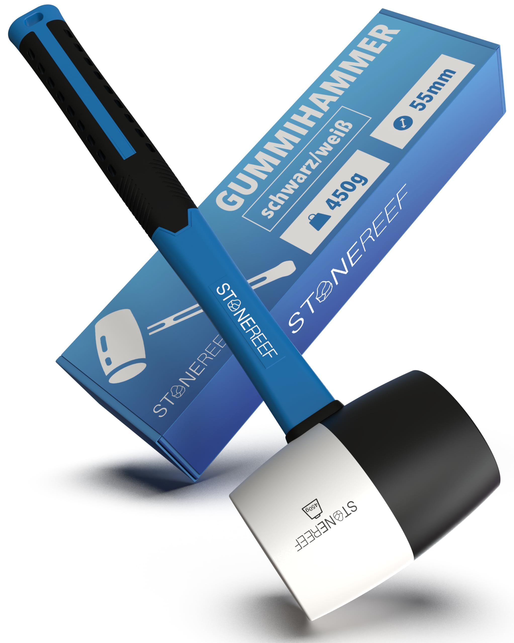 STONE REEF Gummihammer 450g - Schwarz/Weiß für Bodenleger & Handwerker - Robuster Hartgummihammer, Kunststoffhammer mit 2 Härtegraden - Pflasterhammer, Schonhammer für Kunststoff & Fliesen (Box)