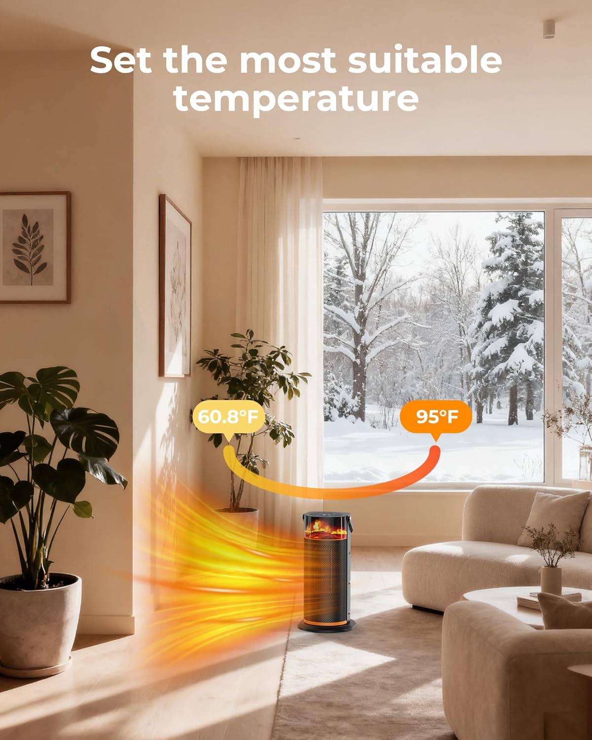 Space Heater - 1500W Portable Space Heaters for Indoor Use with Flame Effect Light, PTC Ceramic Electric Heater with Remote, 4 Modes, 9H Timer, Low Noise, 70°Oscillation, Overheat &Tip-Over Protection
