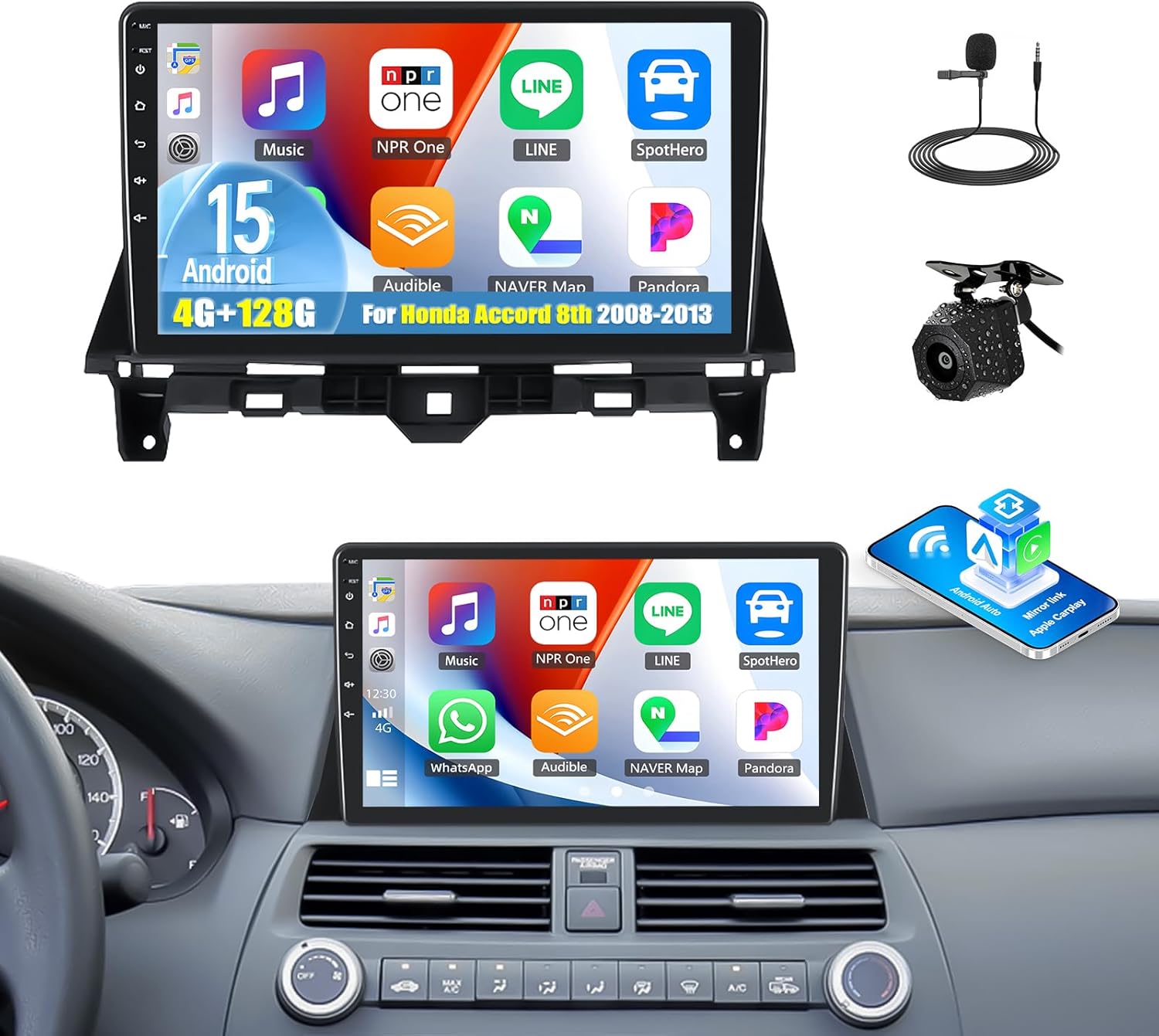Android 15 4G+128G Car Stereo for Honda Accord 8th 2008-2013 with Wireless Carplay Android Auto,10.1" Incell Touchscreen Head Unit Bluetooth 5.0 32 EQ WiFi FM/RDS Mirror Link GPS Backup Camera SWC