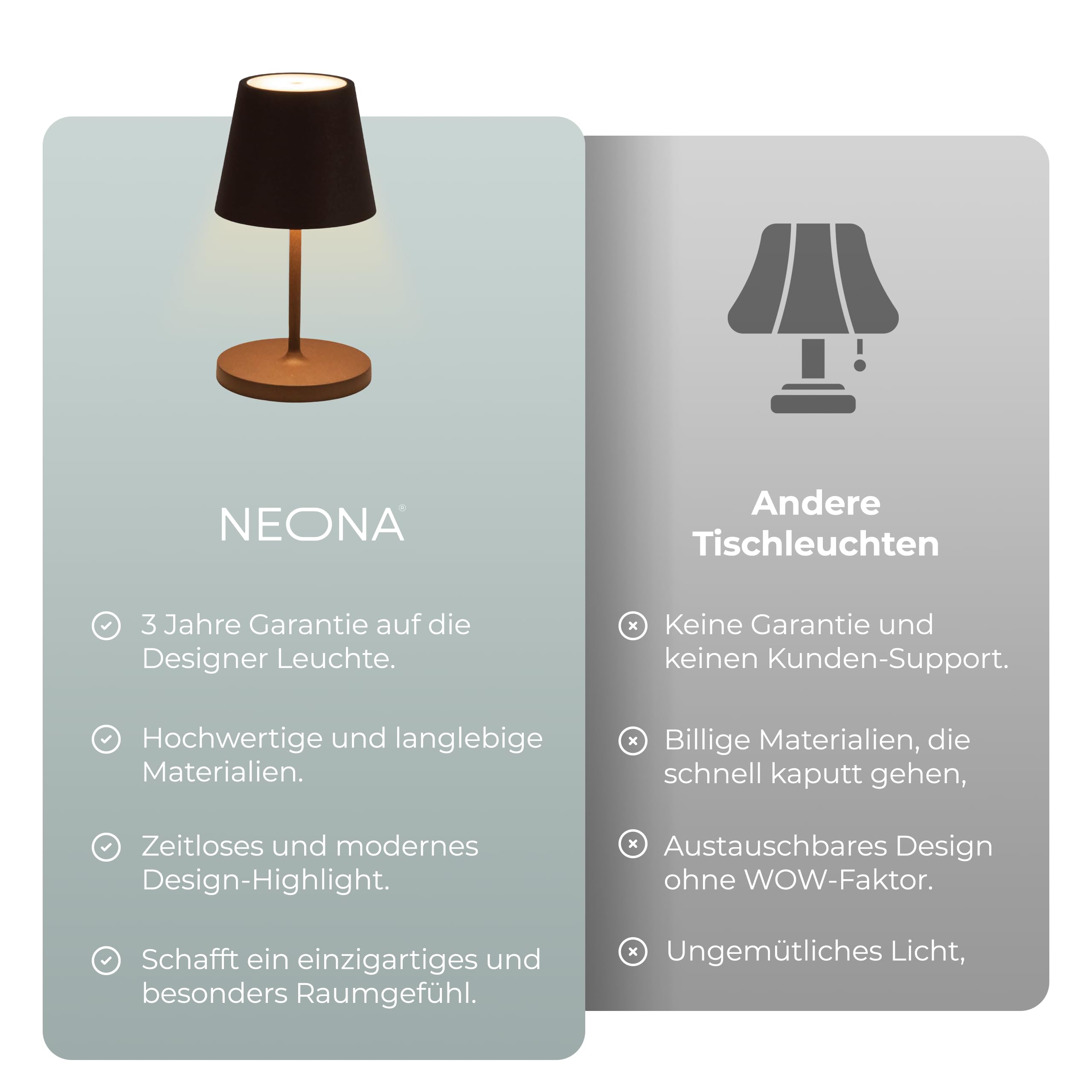 NEONA AVA LED-Tischleuchte (kabellos, Akku + Ladestation) – Touch-Dimmung, IP54 wetterfest, Warmweiß 2700 K, 10 Std. Laufzeit – moderne Ambientebeleuchtung (Rostbraun)