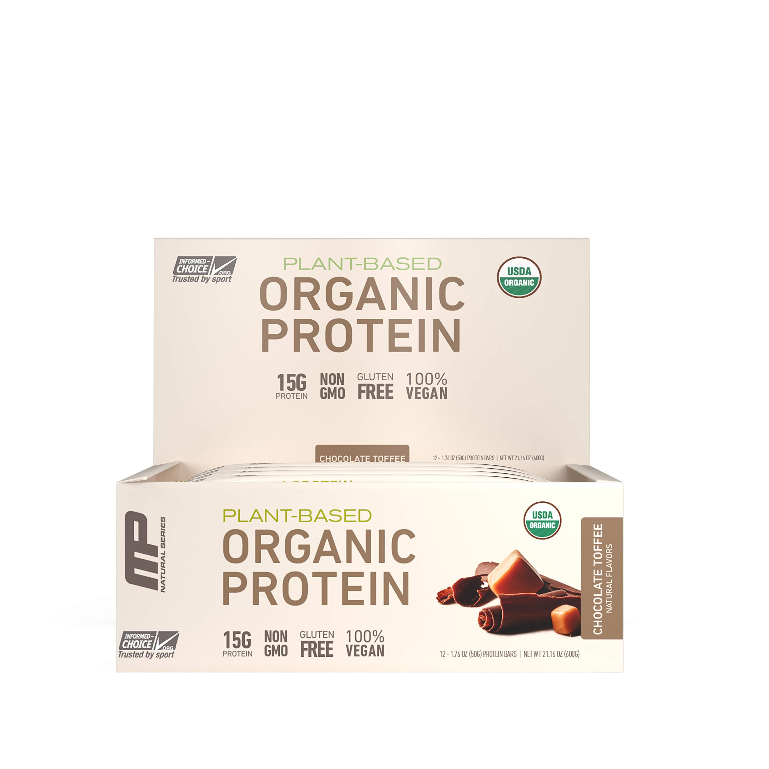 MusclePharm Organic Plant-Based Protein Bar, 15g Protein, Chocolate Toffee Bars, 12 Count