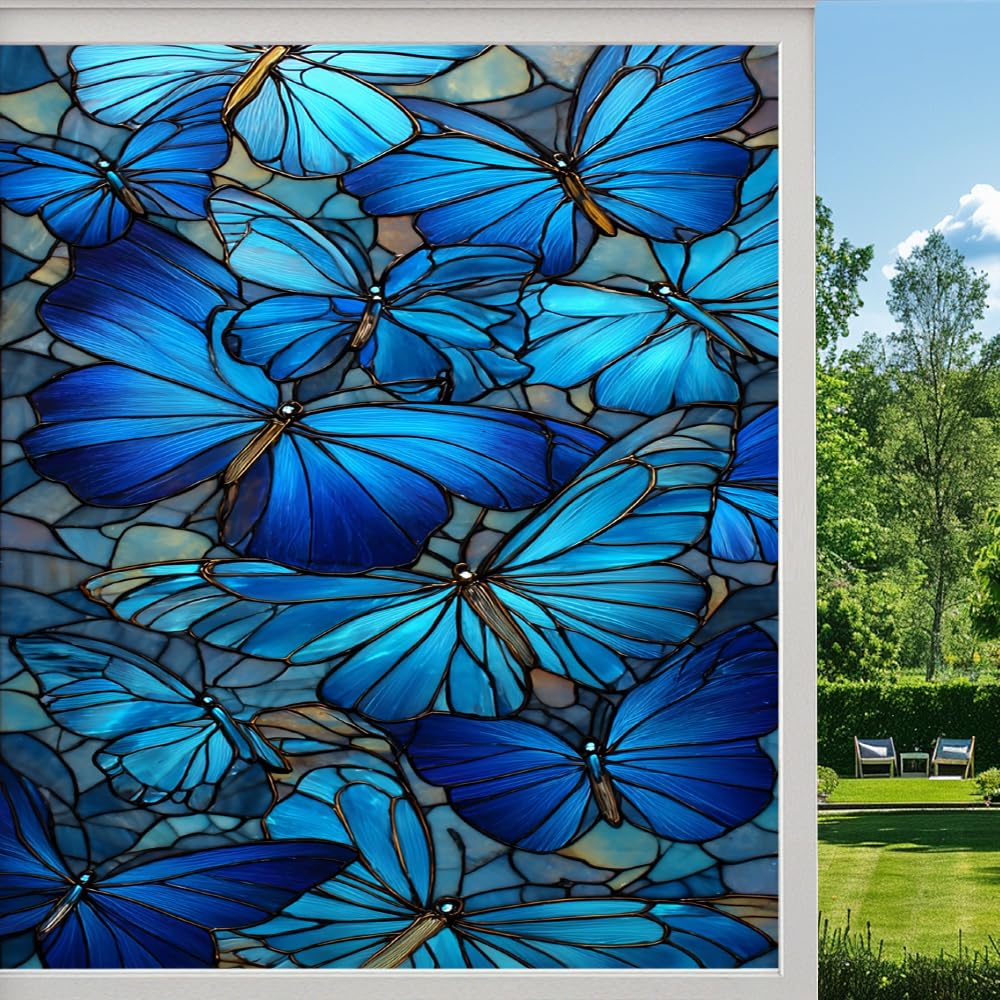 Abstract Blue Butterfly Frosted Window Film, Natural Animal Print Stained Glass Privacy Film, Heat Insulation Self-Adhesive Vinyl for Bathroom Office, （80x140cm）
