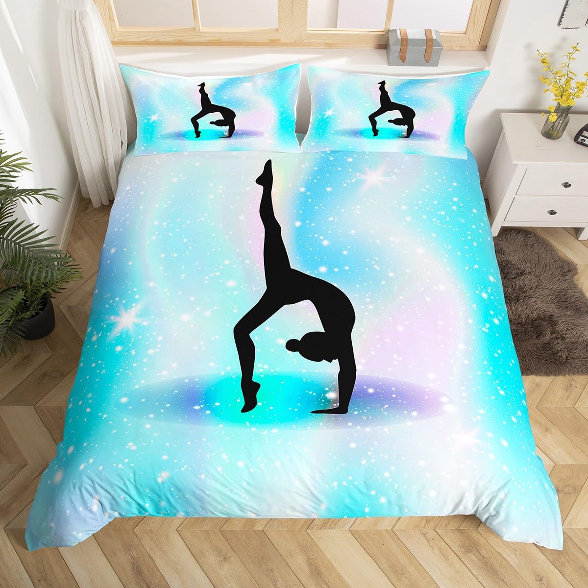 Homewish Gymnastics Duvet Cover Single, Gymnastics Lover Bedding Set Gymnastics Gifts for Girls, Space Star Glitter Comforter Cover Tie Dye Starry Sky Quilt Cover Rainbow Decor, Teal Blue — image 1