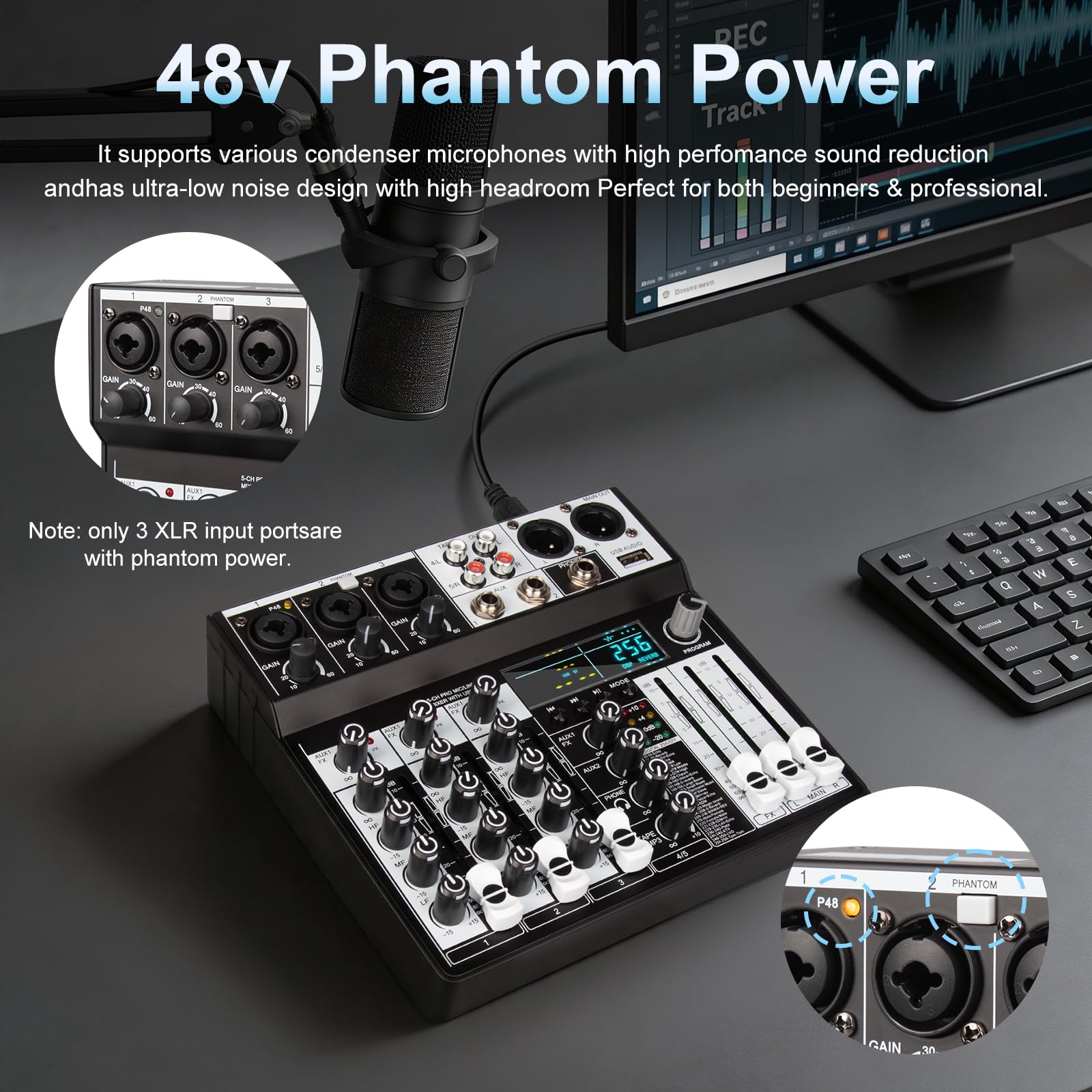 Depusheng Mezclador de audio profesional de 5 canales, sistema de consola de sonido con entrada USB Bluetooth MP3 ordenador, 256 efectos DSP, pantalla LED, potencia fantasma de 48 V para podcast