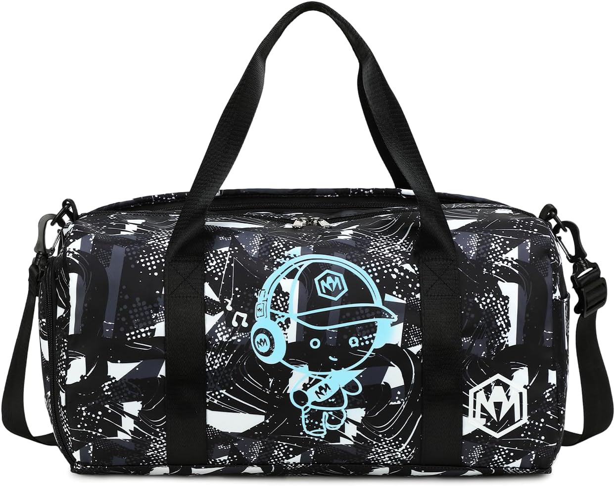 Kids Duffle Bag for Boys Water Resistant Small Gym Bag Overnight Weekender Travel Tote with Shoe Compartment and Wet Pocket, Black and White Geometric, Duffle Bag With Shoe Compartment