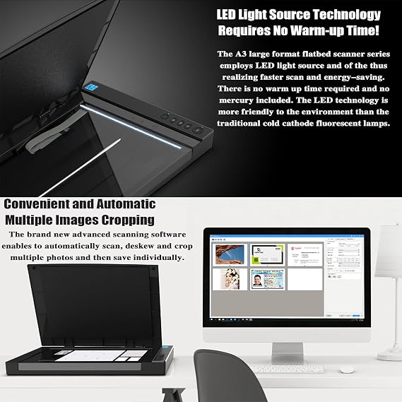Large Format Flatbed Scanner, A3 Photo Scanner,Scan 12x 17 in 4 Sec, Auto-Scan, Document Book Scanner