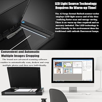 Large Format Flatbed Scanner, A3 Photo Scanner,Scan 12x 17 in 4 Sec, Auto-Scan, Document Book Scanner