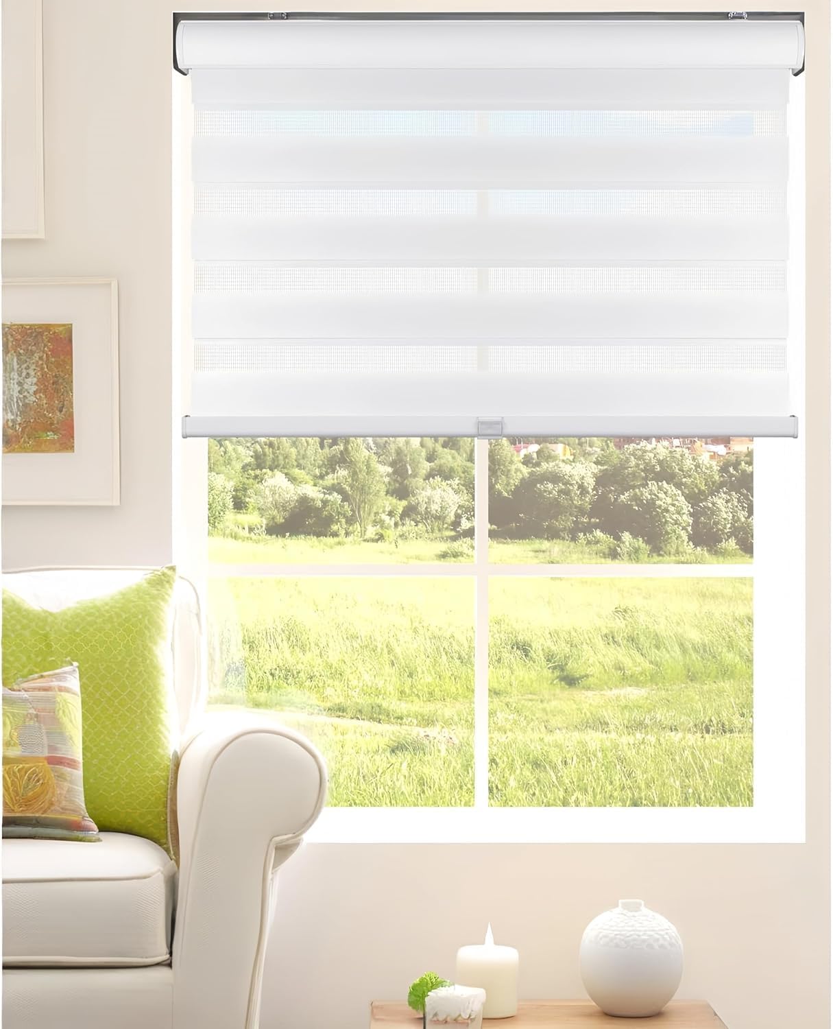 Cordless Zebra Blinds Shades Blackout Blinds for Windows Window Blinds Horizontal Window Blinds with Valance Day Night Privacy Light Filtering Fabric White.30Wx(12" H to 98" H Customizeize)